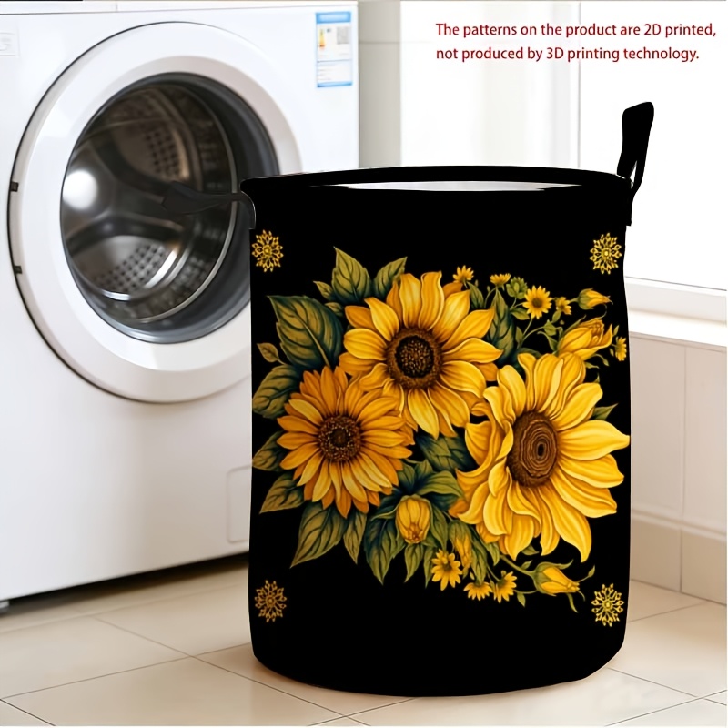 TEMU 1pc Dokriy Foldable Basket Hamper - Round Storage With Black Background Sunflower Bouquet, Canvas Suitable For Bedroom,, Bathroom, Laundry Room,