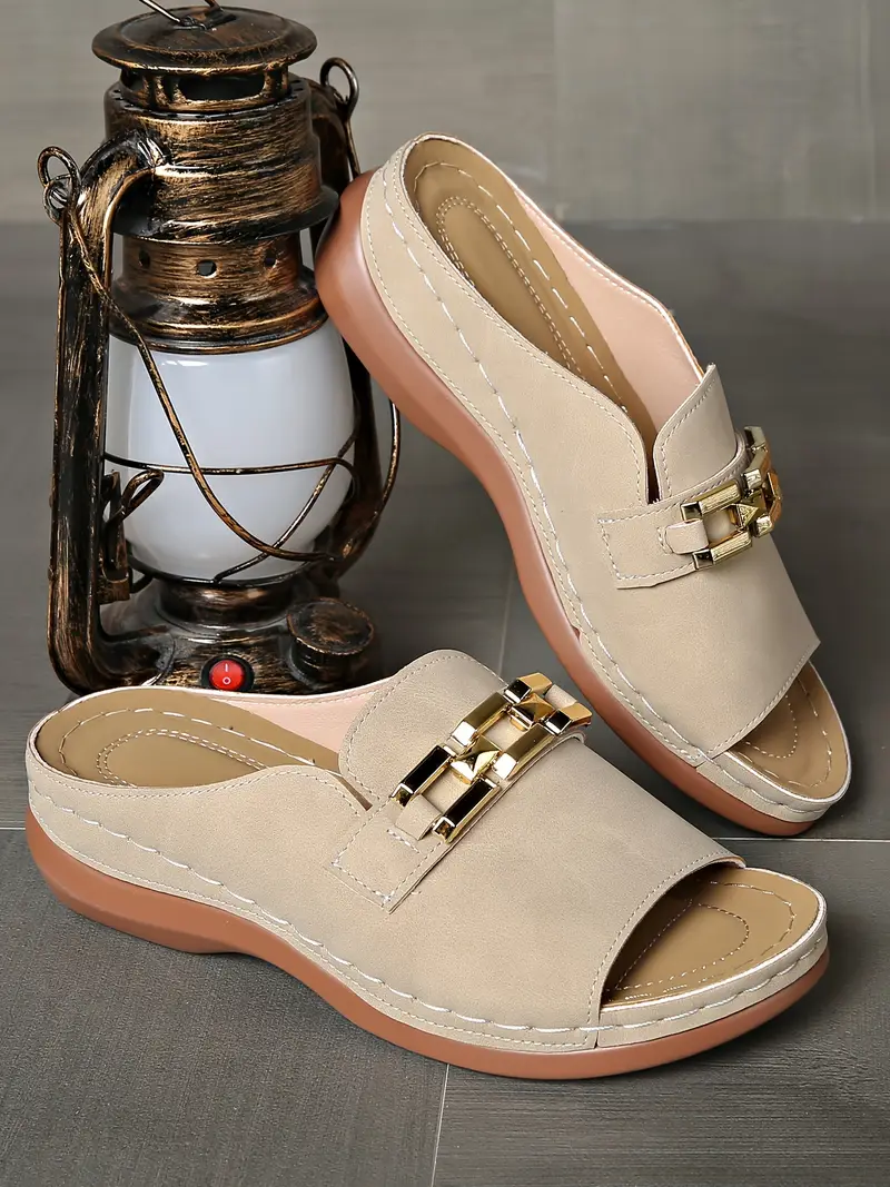 womens wedge sandals with metallic chain design casual open toe slip on platform shoes beige cover summer for versatile footwear stylish sandals cover sandals Product details 18
