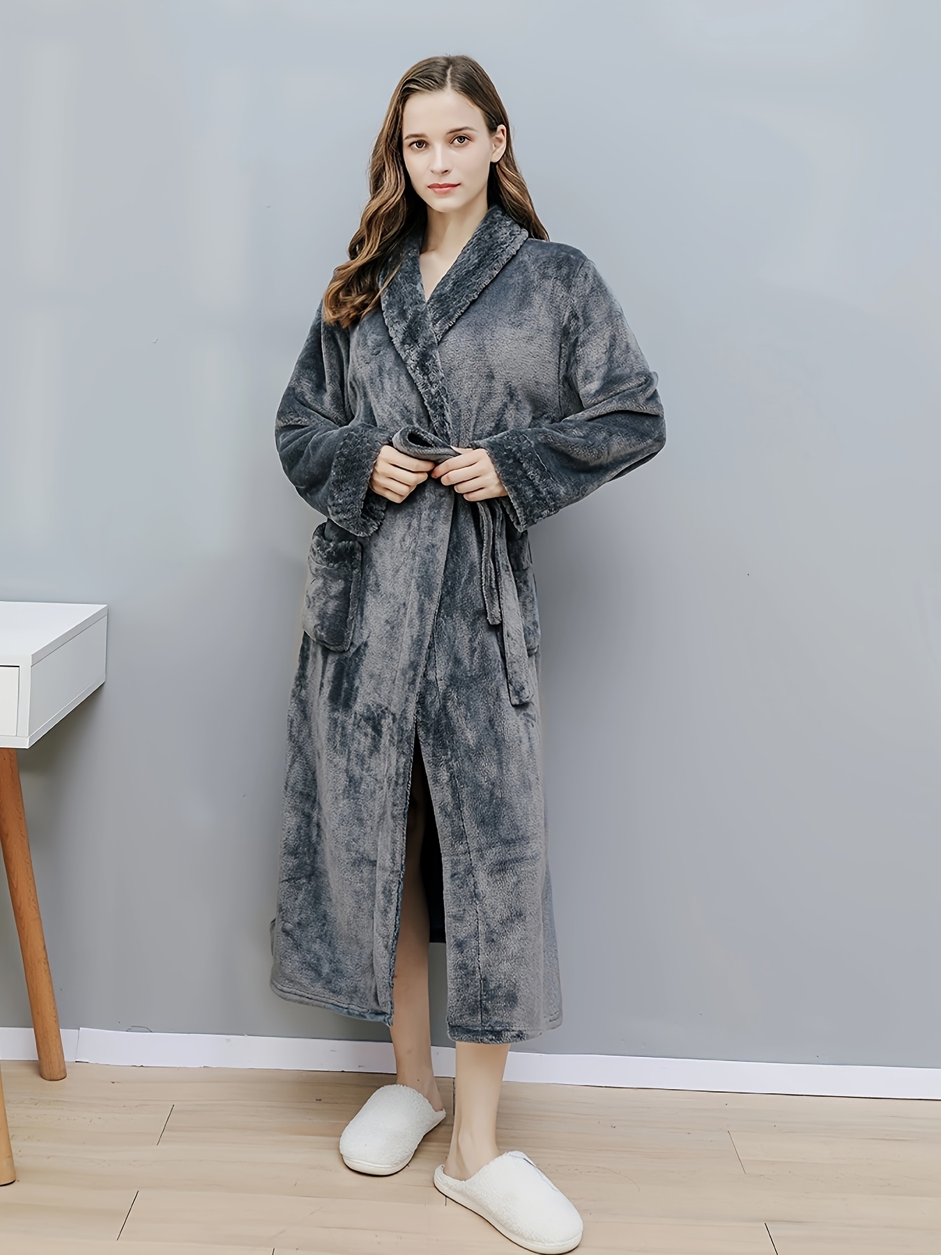 1pc Bathrobe Women or Men Plus Size for Winter & Spring & Autumn, No Hooded, Grey, Long, Flip Collar, Plush Robe for Bathroom, Bedroom, Thicken Flannel Towel for Shower, Sleepwear Gown, Can As Couple Home Clothes Robes