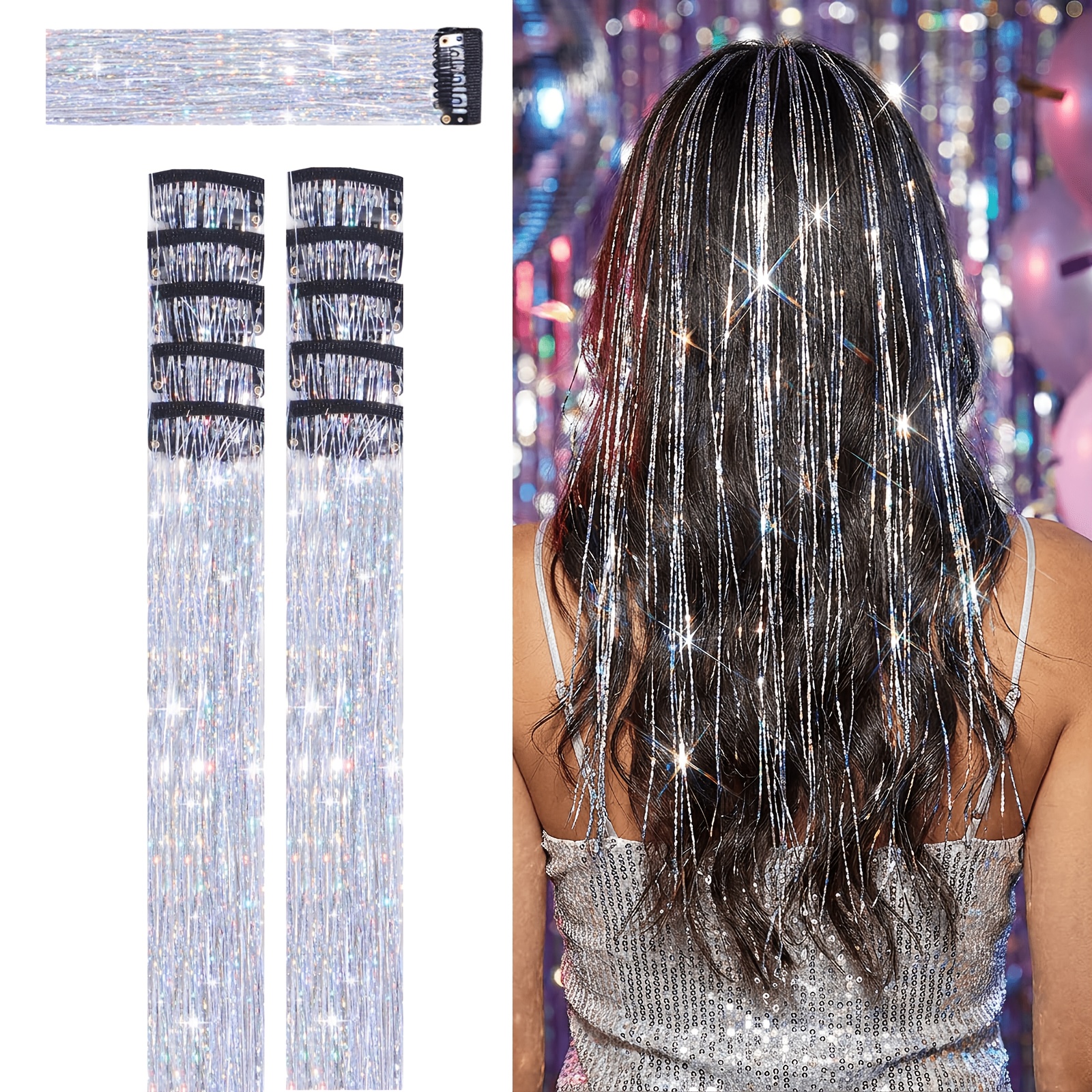 TEMU 10pcs Silvery Hair Tinsel Clip In, Hair Additions 24 Inch 80 Strands Bobby Pin Tinsel Hair Extensions Suitable For Daily Use At Women's Parties