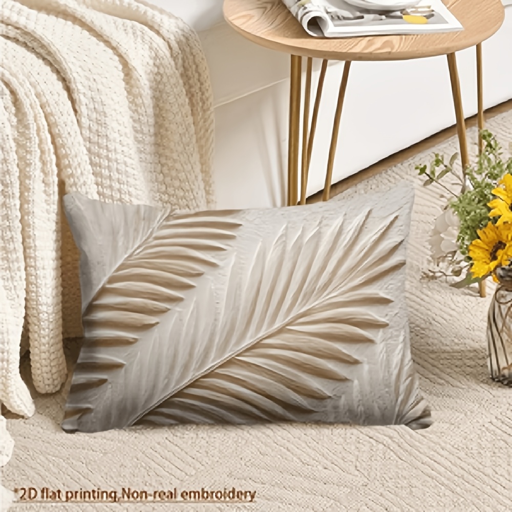 TEMU 1pc Cream Palm Leaf Cushion Cover Suitable For Sofa Bed & - Cream-colored Palm Print Modern Decorative Pillowcase, Zipper Closure, Hand Washable