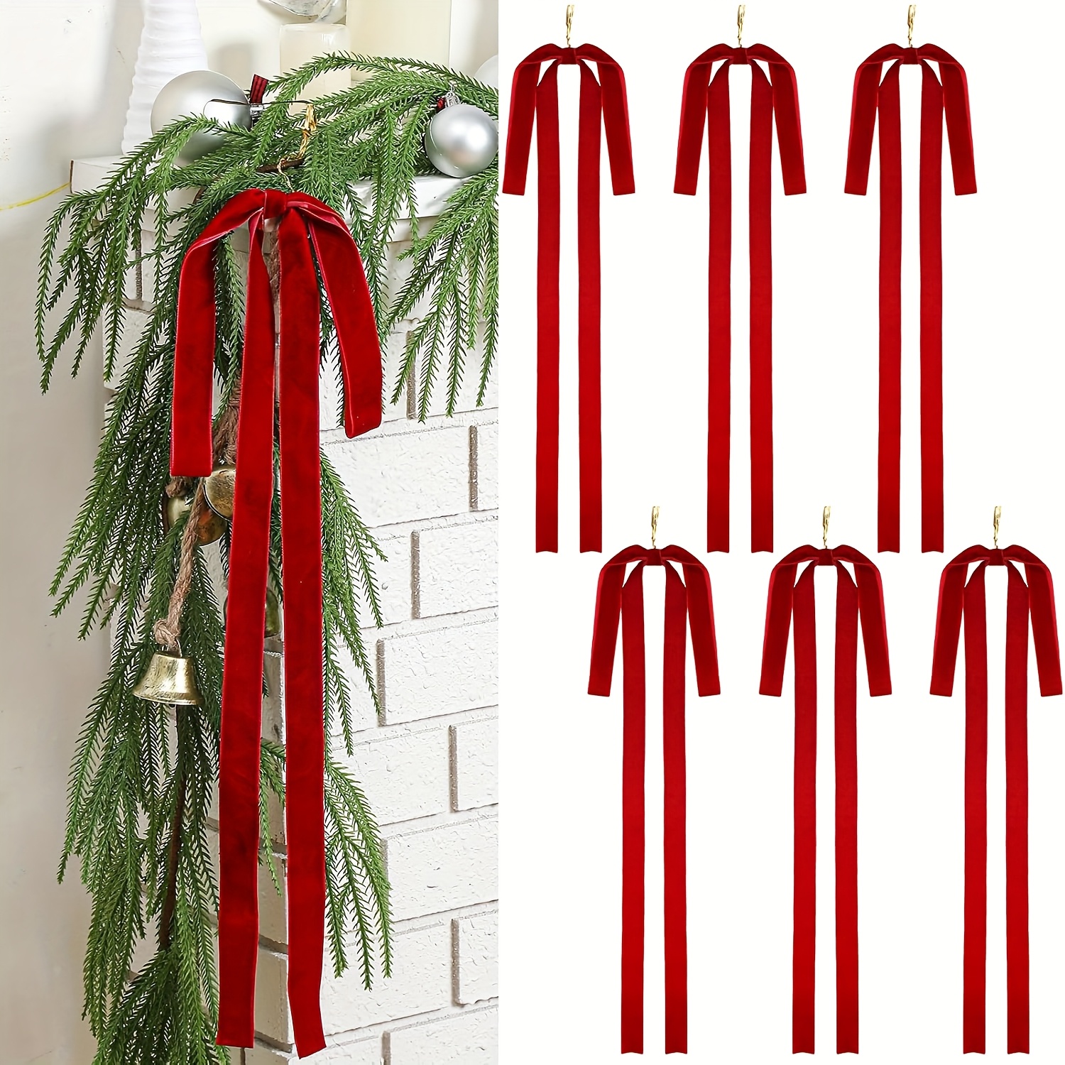 TEMU 6pcs Velvet Christmas Bow Rustic Large Velvet Christmas Staircase Wreath Bows Vintage Christmas Tree Topper Bows Large Bow For Christmas Outdoor