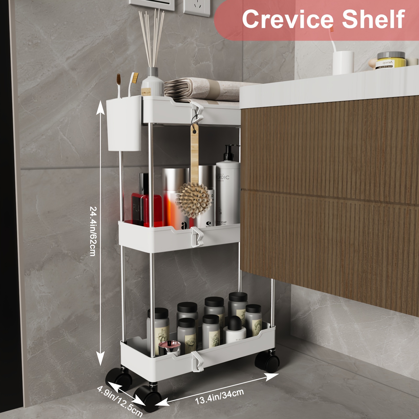 

3/4 Tier Mobile Shelf Rolling Cart - Bathroom Decor And Accessories Slim Storage Solution For Office, Bathroom, Laundry, Bathroom Organizer And Storage And Narrow Easy To Slide Out