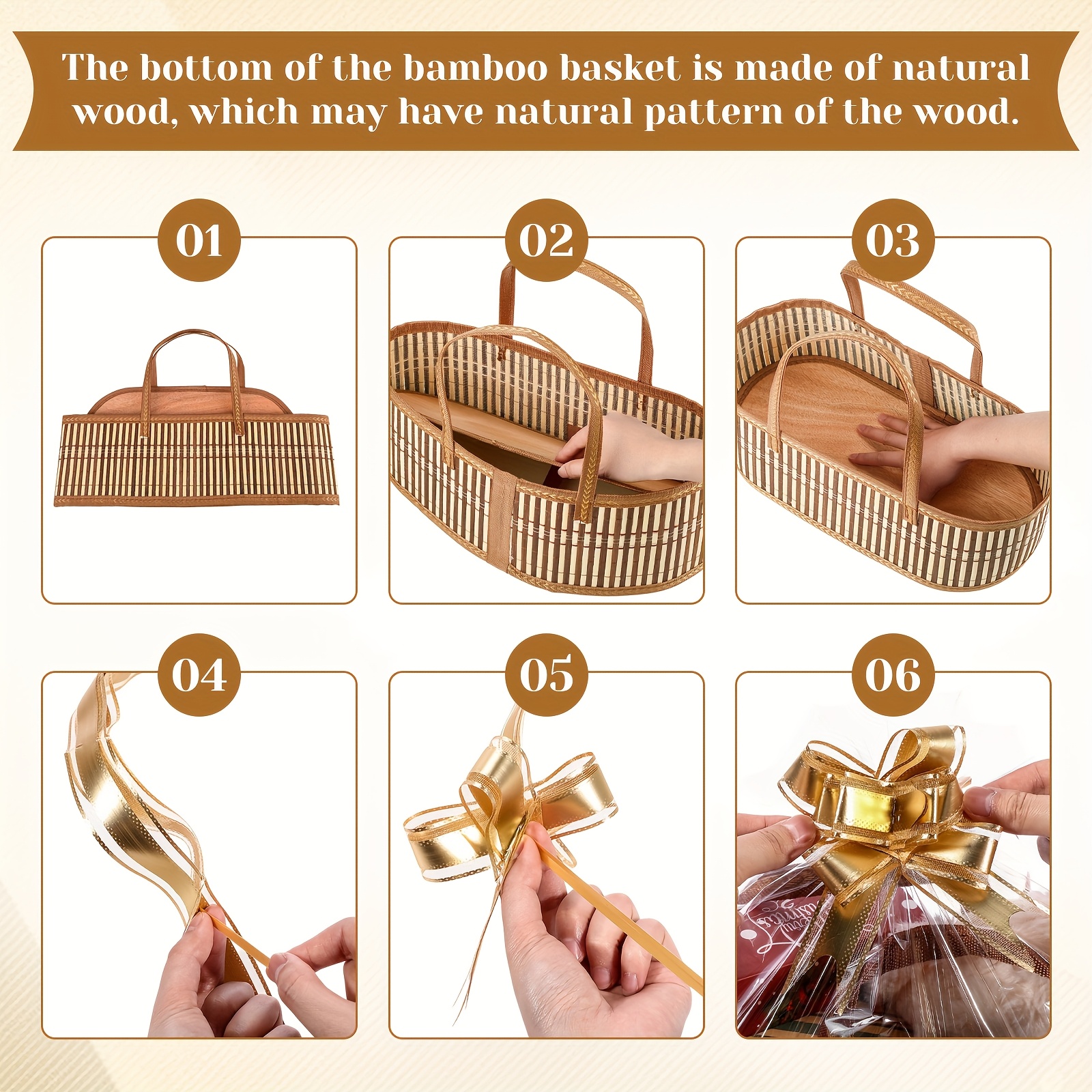 6 Pack Woven Baskets for Gifts Empty Large Bamboo Gift Baskets with Handle Cellophane Wrap Bag And Pull Flower Ribbon Sturdy Foldable Gift Packages for Birthday Wedding Favor Wrapping