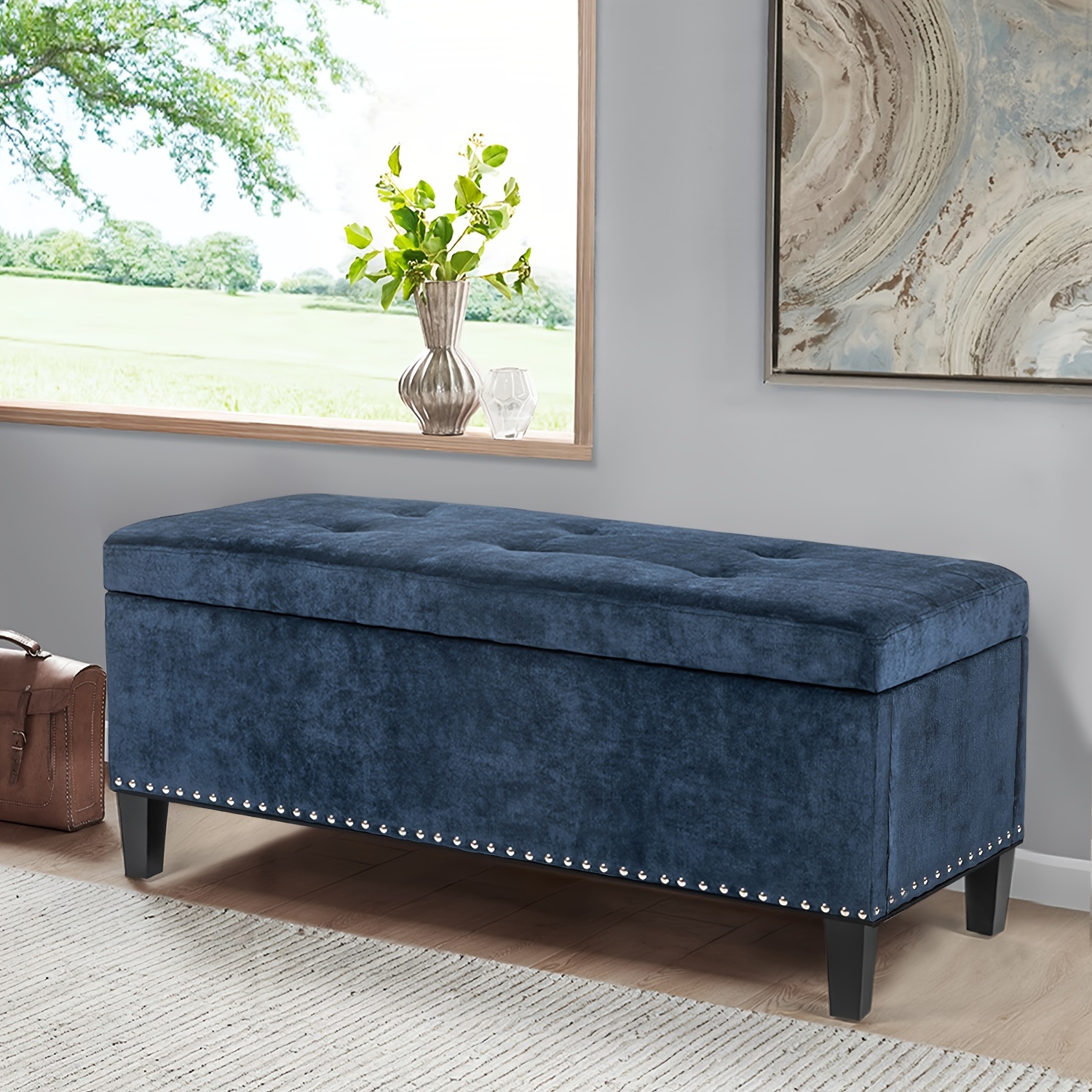 

Modern Rectangular Storage Ottoman, Velvet Tufted End Of Bed Bench With Rivet, Footrest Stool Coffee Table With Sturdy Legs For Living Room Bedroom Entryway, Need Assembly