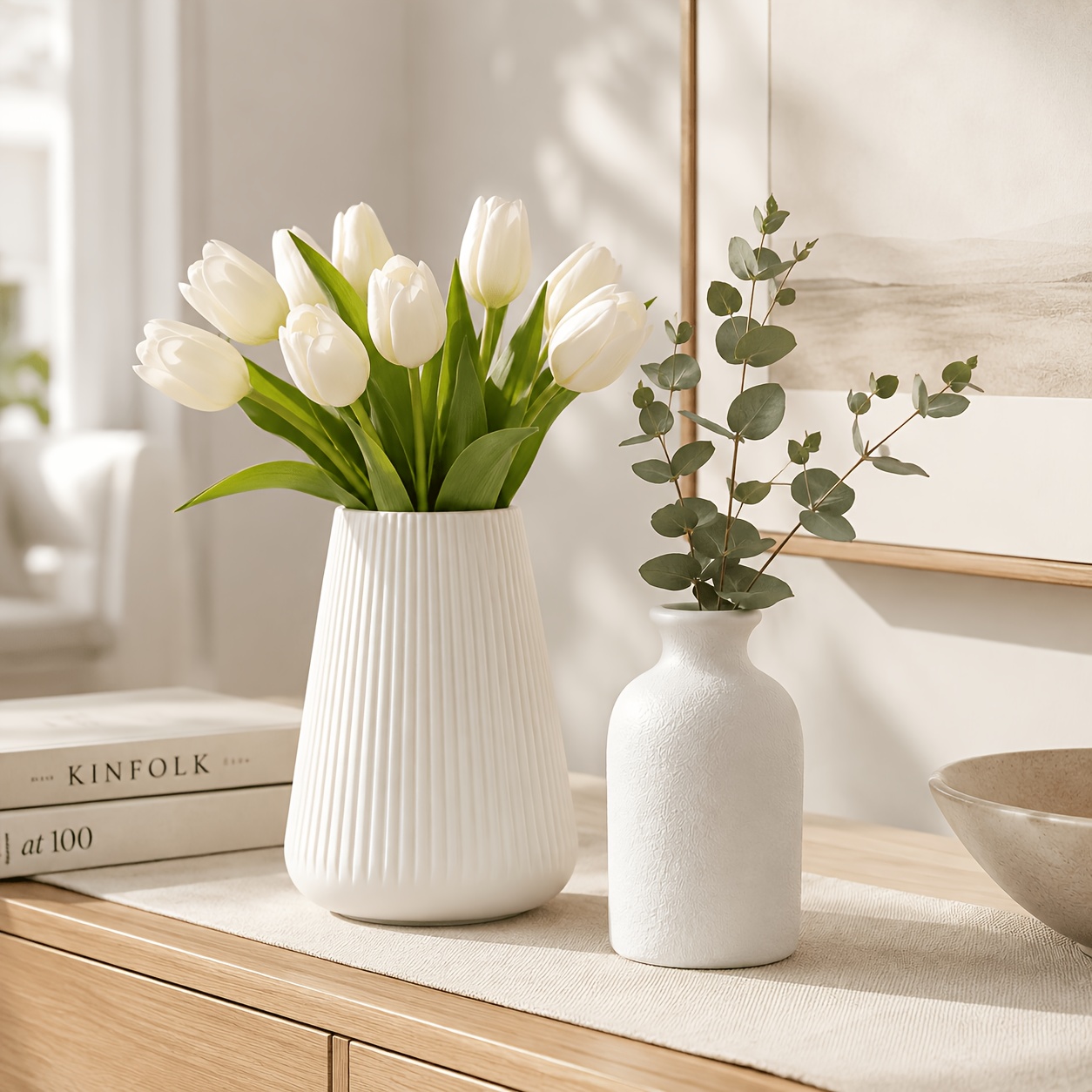 TEMU 2pcs White Plastic Vases, Vertical Ribbed And Frosted Decorative Vases, Easy Rustic Style Desktop Ornaments, Suitable For , Dried Flowers,