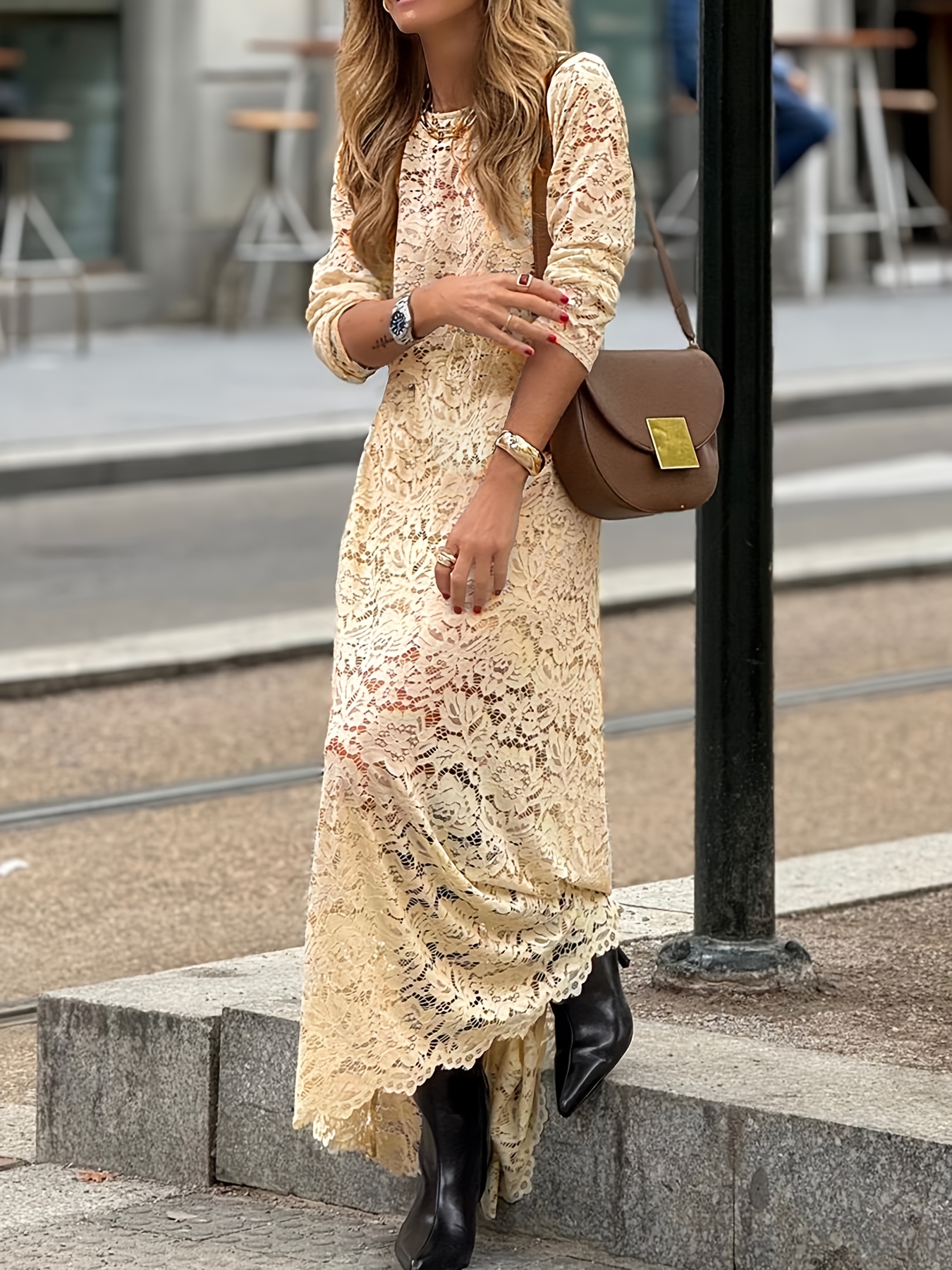 chinese dress ladies Smiling Pinker Girls A-Line Long Sleeve Floral Lace Dress 8-9 Years / Champagne main image 1