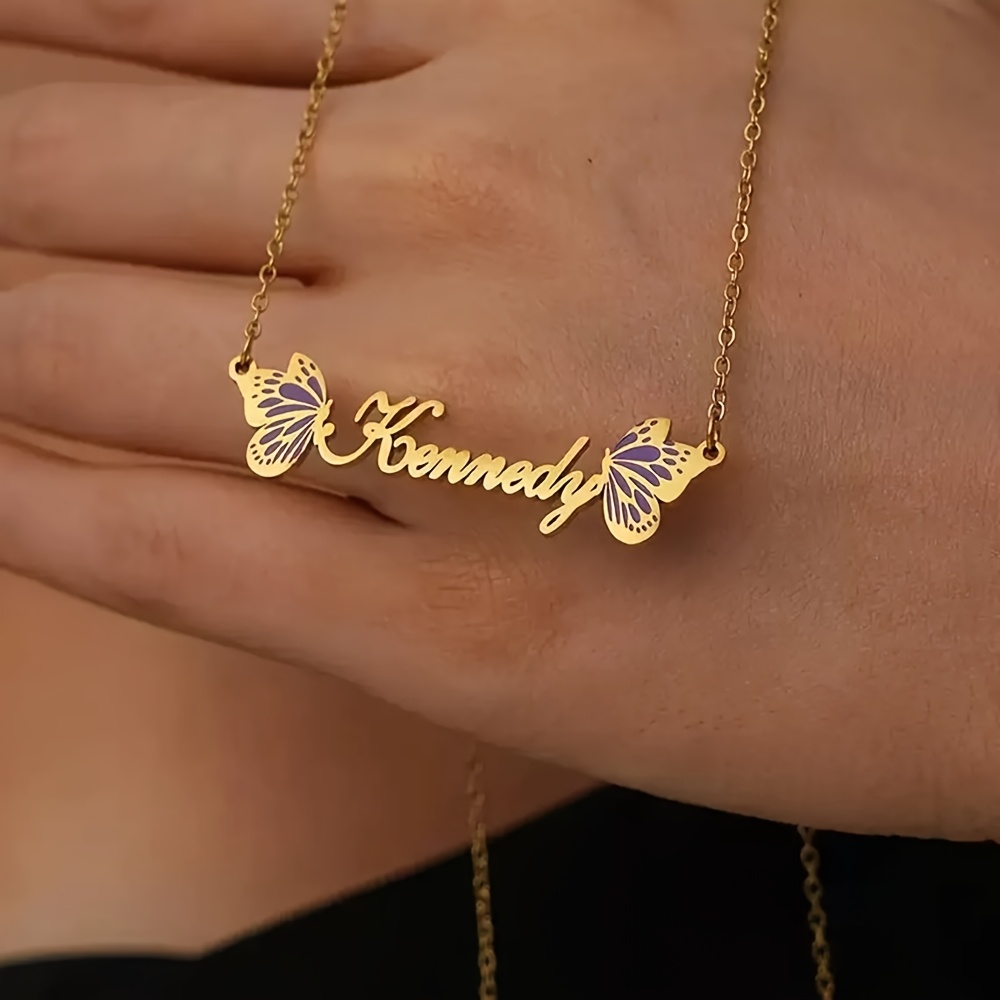 Custom Name Golden Colorful Butterfly Necklace, Personalized