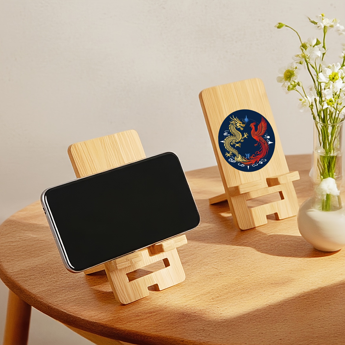 2 in 1 adjustable bamboo phone tablet holder stand with   stickers wood compatible for smartphones   tablets multi angle desk stand for home   ideal gift for mothers day fathers day easter sturdy