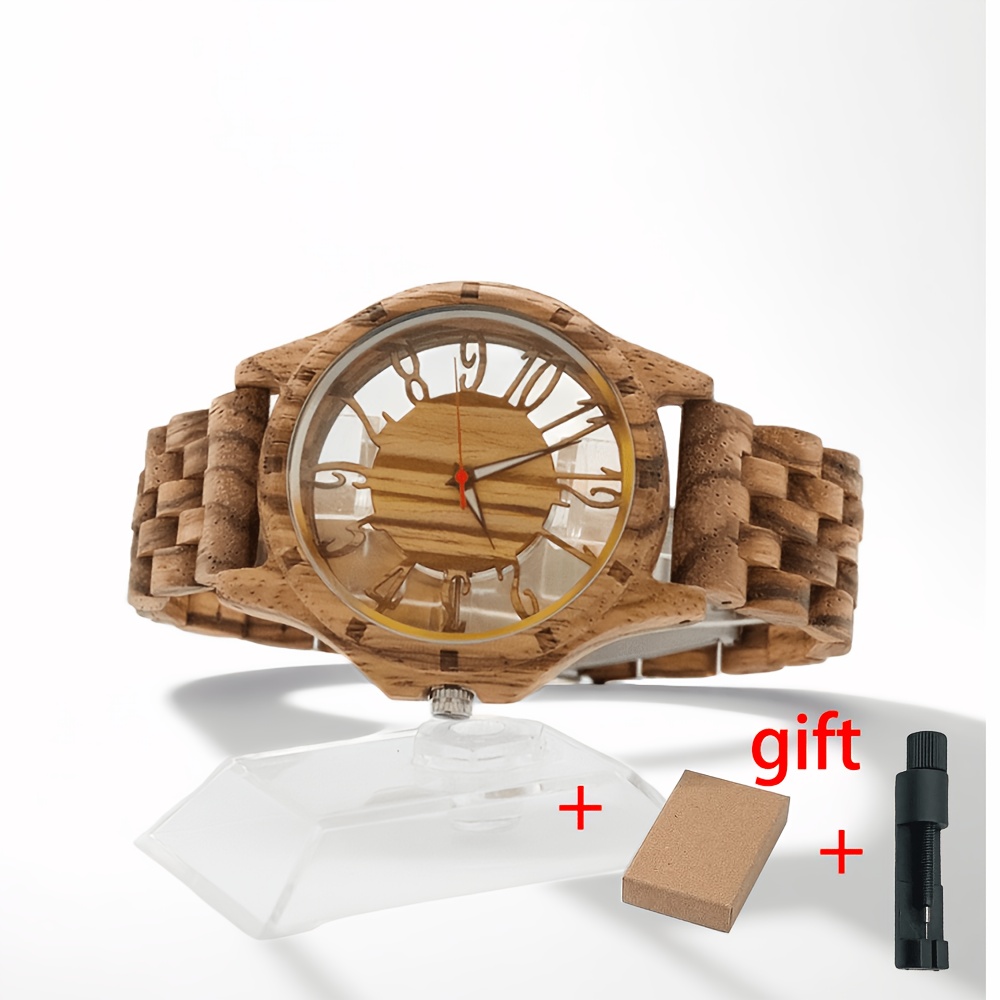 TEMU Men' Quartz Watch Fashion Transparent Hollow Watch Wooden Wrist Watches For Men