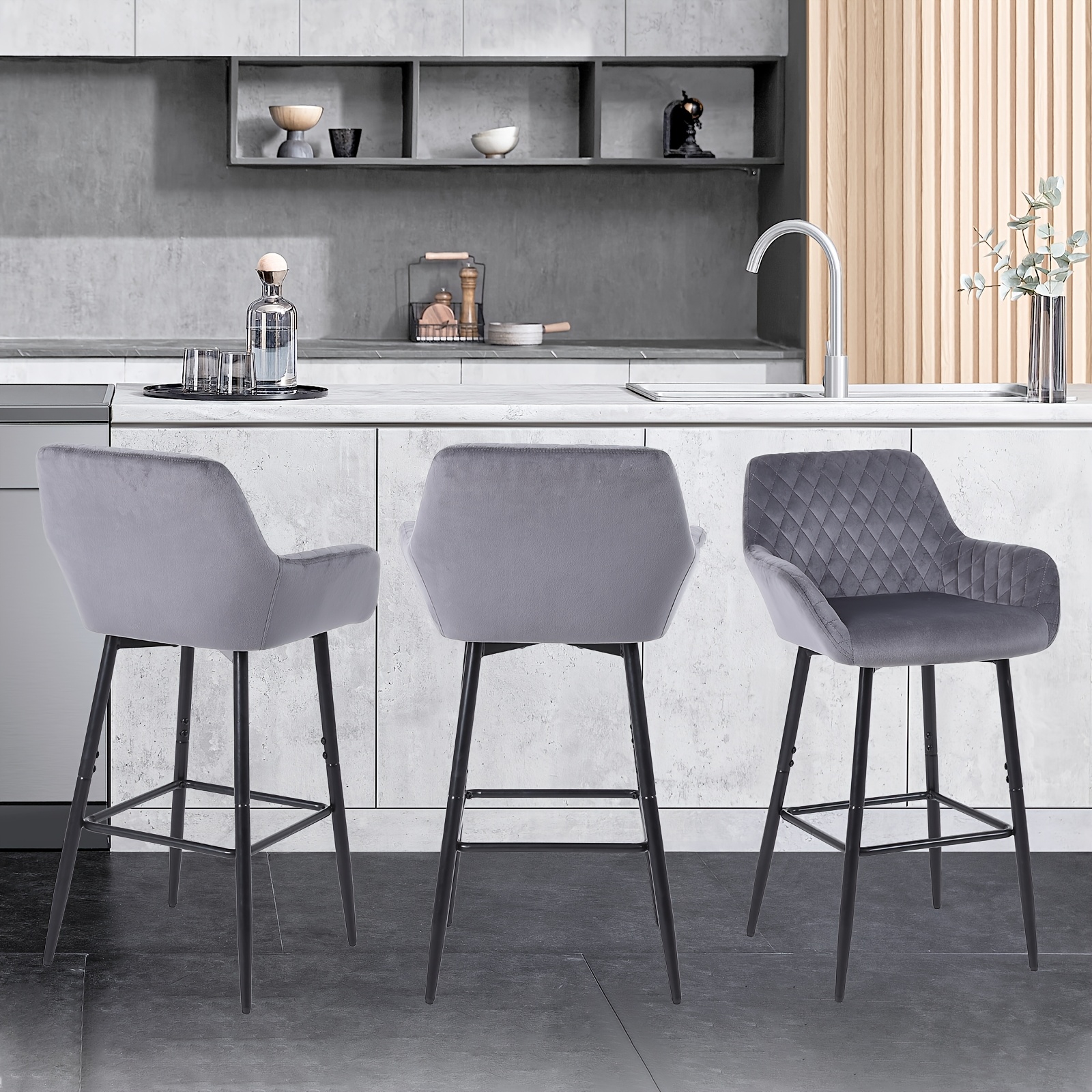 Velvet Fabric Bar Stool Set with Integrated Backrest