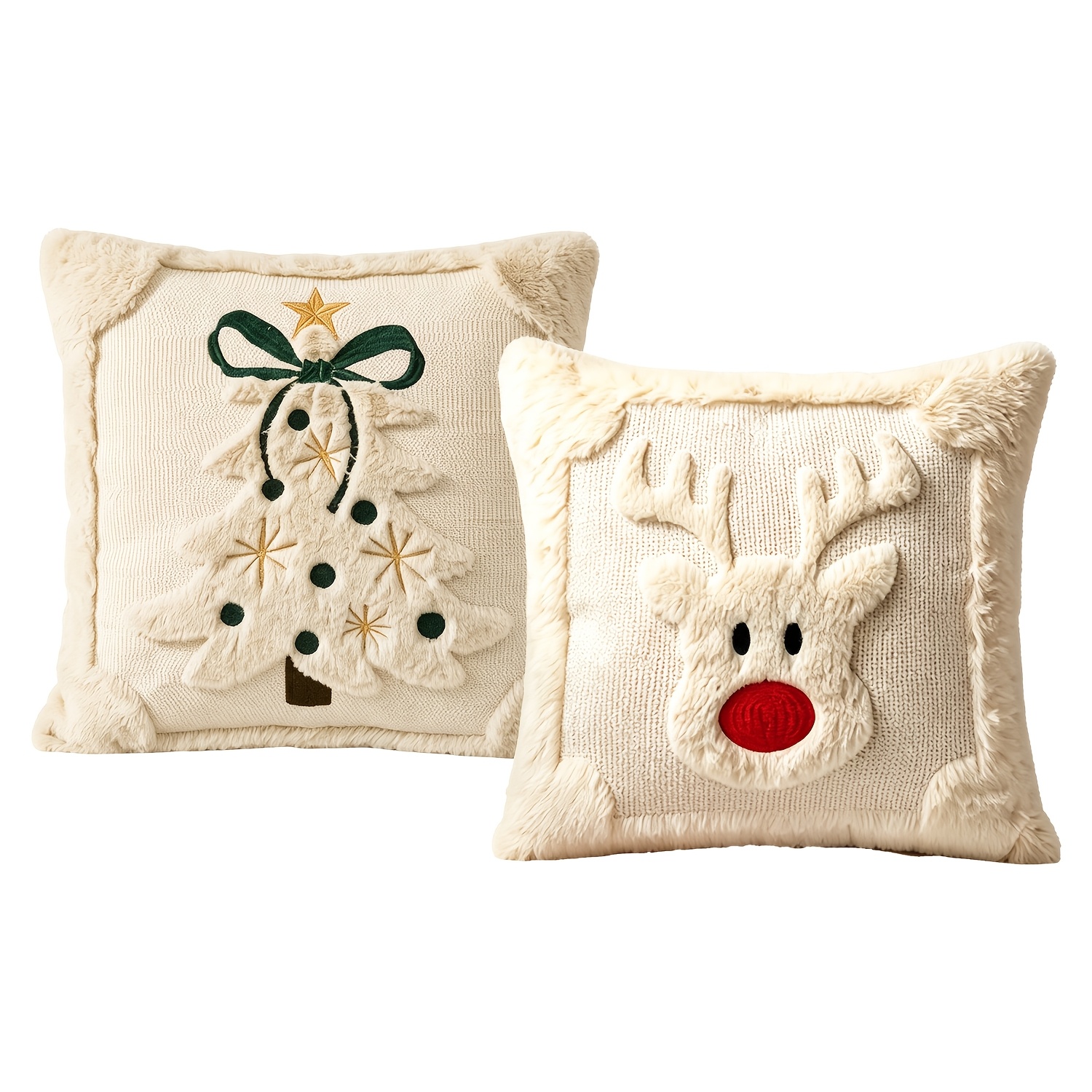 TEMU Lot de 2 housses de coussin de Noël en fausse peluche, 18x18 pouces, jolie housse de coussin décorée avec un adorable beige et un sapin de Noël