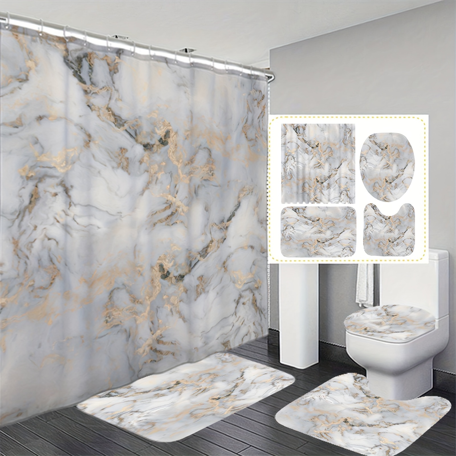

1/3/4pcs Marble Moire Pattern Digital Print Waterproof Shower Curtain And Carpet Modern Home Bathroom Decor Shower Curtain With Carpet And Toilet Lid