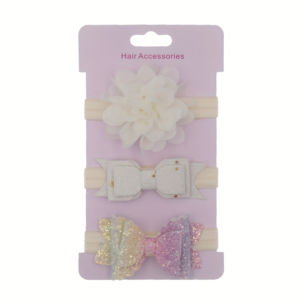 

3pcs Princess Sparkle Bow & Flower Hairband Set For - & Casual Wear, Polyester, Hair Bows For Girls