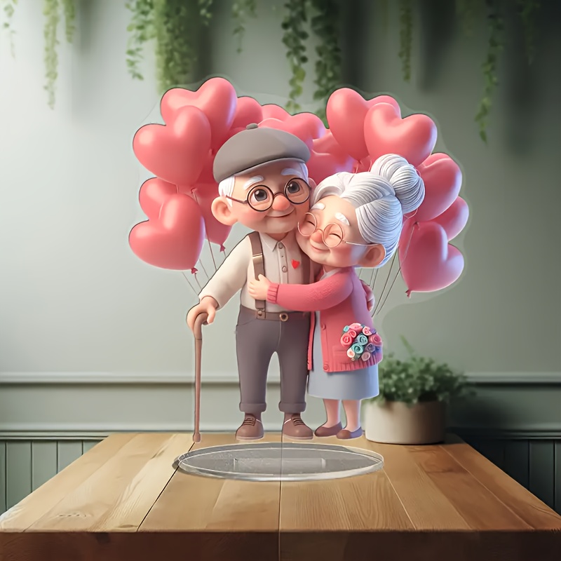 

1pc 2d Flat Print Elderly Couple With Heart Balloon Desktop Decoration - Romantic , Perfect Valentine's Day Gift, , Family Theme, Use, No Text