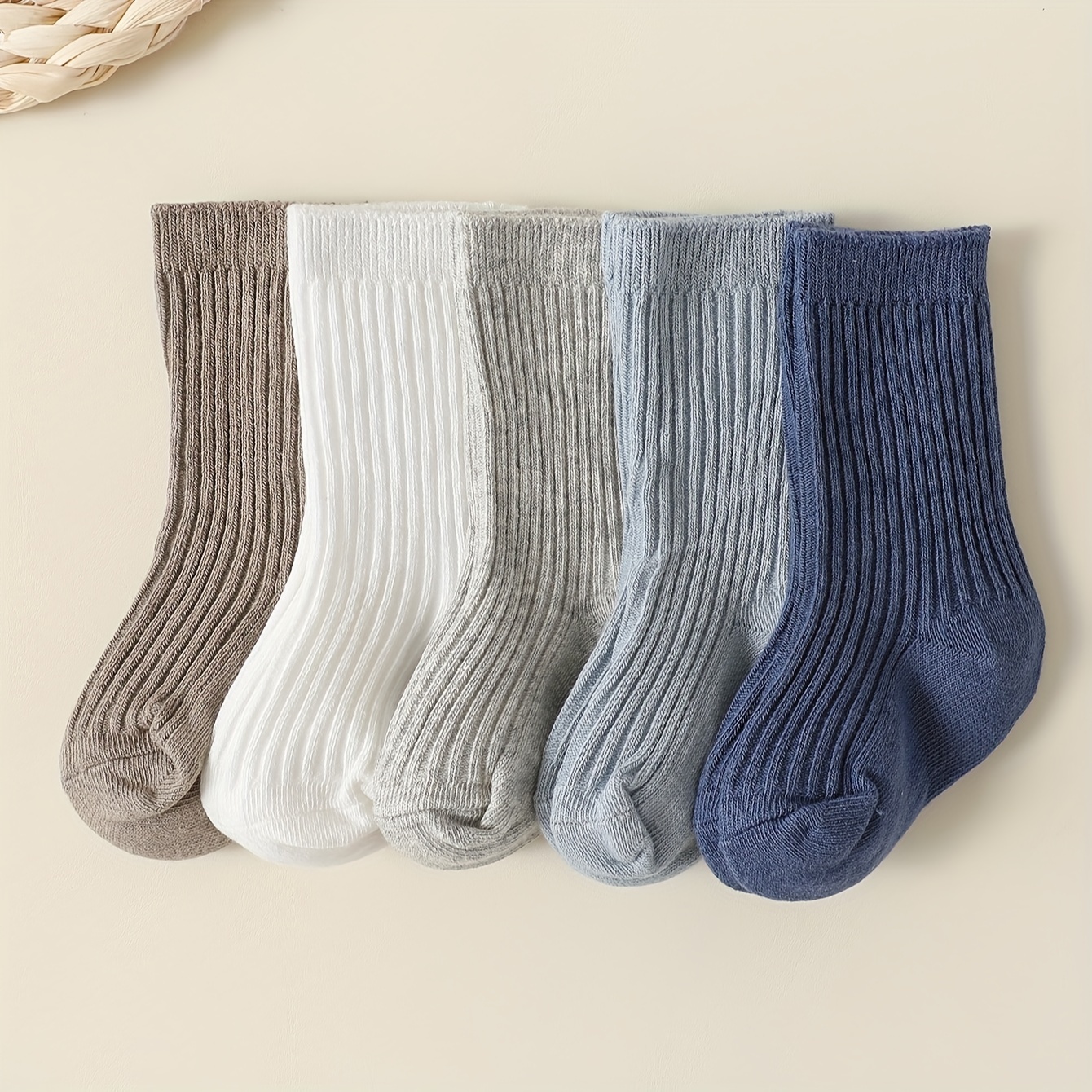 Image of 5-pair Children's Unisex Breathable Solid Color Mid-calf Socks, Double-needle Short Socks, Suitable For