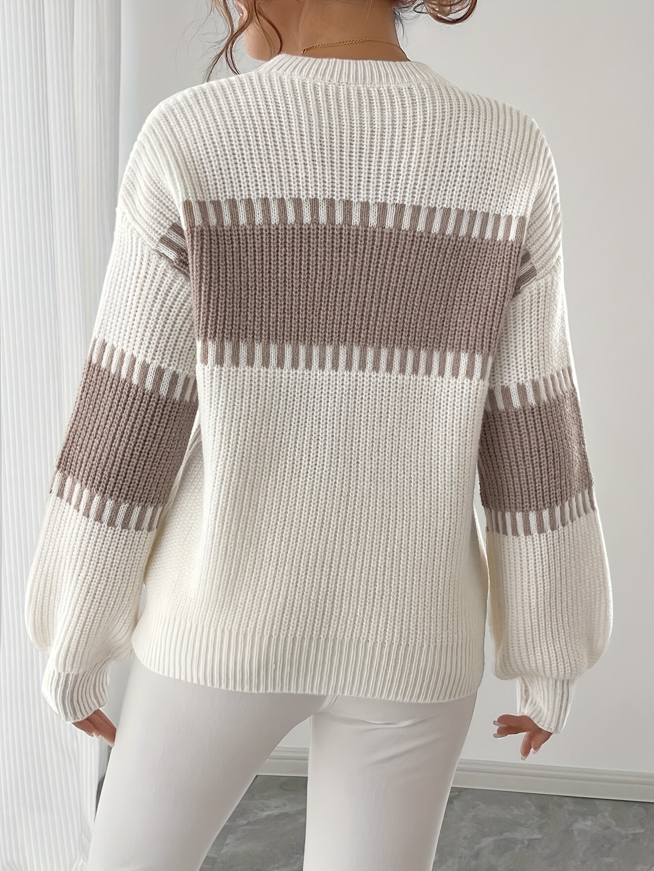 casual elegante dames trui met lange mouwen - wit & khaki kleurblok, ronde hals pullover met geribbelde textuur, rekbare hoogelastische stof, perfect voor lente- en zomeroutfits 2