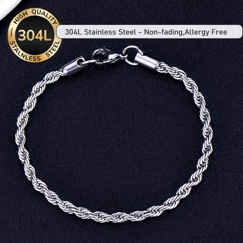 TEMU 1pc Never Fading 4mm Width 304l Stainless Steel Twist Chain Bangle Bangle Bracelet - Polished Unisex Jewelry For , Durable Tarnish-resistant
