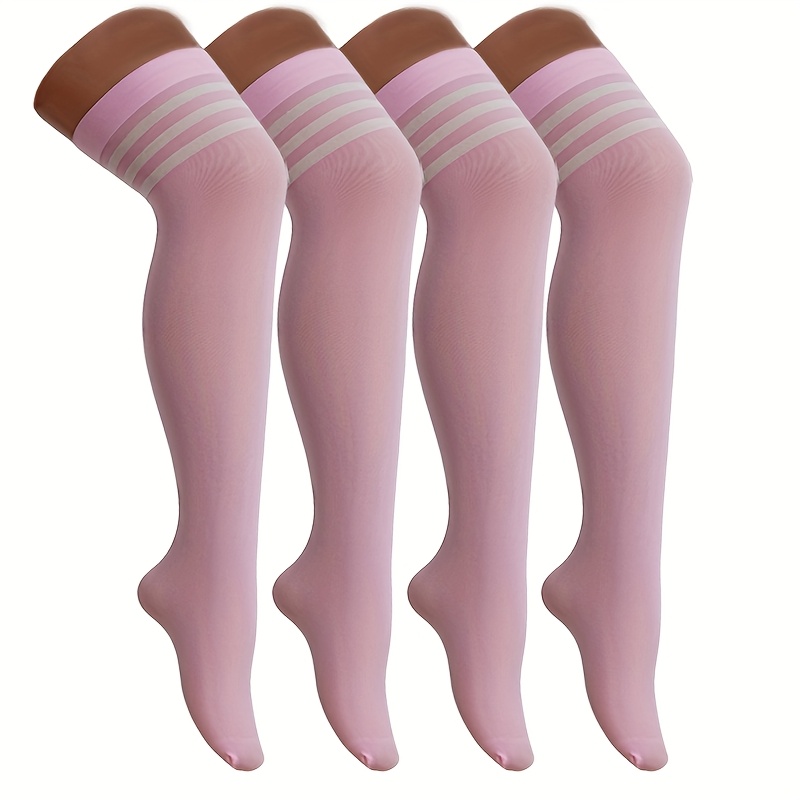 Image of 4 Pairs Youth Thin Transparent Summer Striped Nylon Pink High-elastic Over-the-knee Socks, Suitable For Parties And Daily Wear, For Teenager, Fall And Winter Clothes, For Teenager