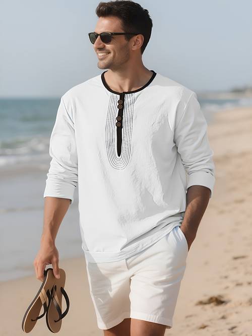 1pc Men S Stylish Henley Shirt | Woven Linen Fabric | 95% Linen 5% Polyester | Essential Golf & Tennis Wear | Breathable & Comfortable | Ideal for Indoor & Outdoor Activities | Must-Have Casual | Spring/ , Golf Shirt