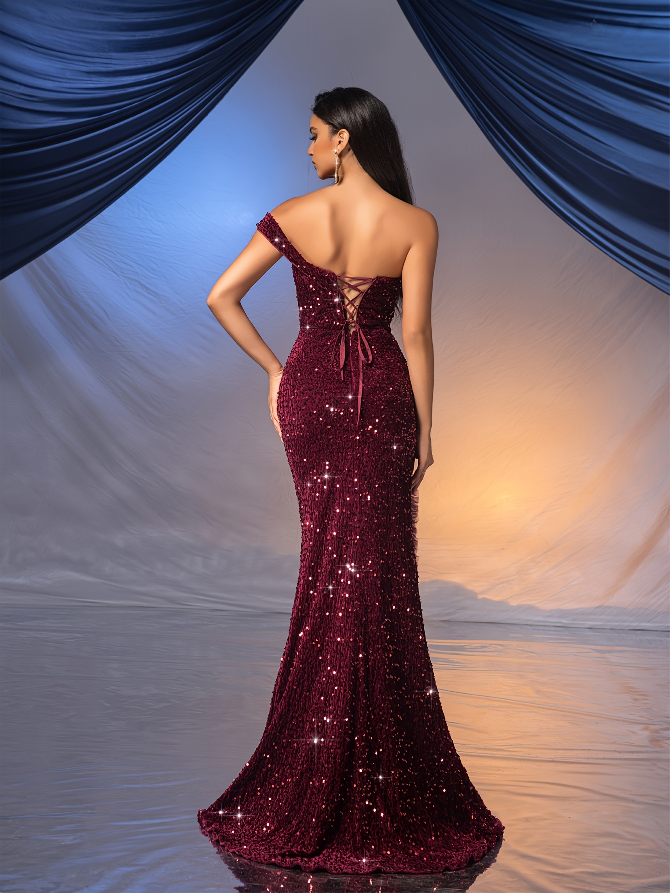 One Shoulder Wine Red Sequin Dress An Elegant Long Dress One Shoulder Design Featuring Wine Red