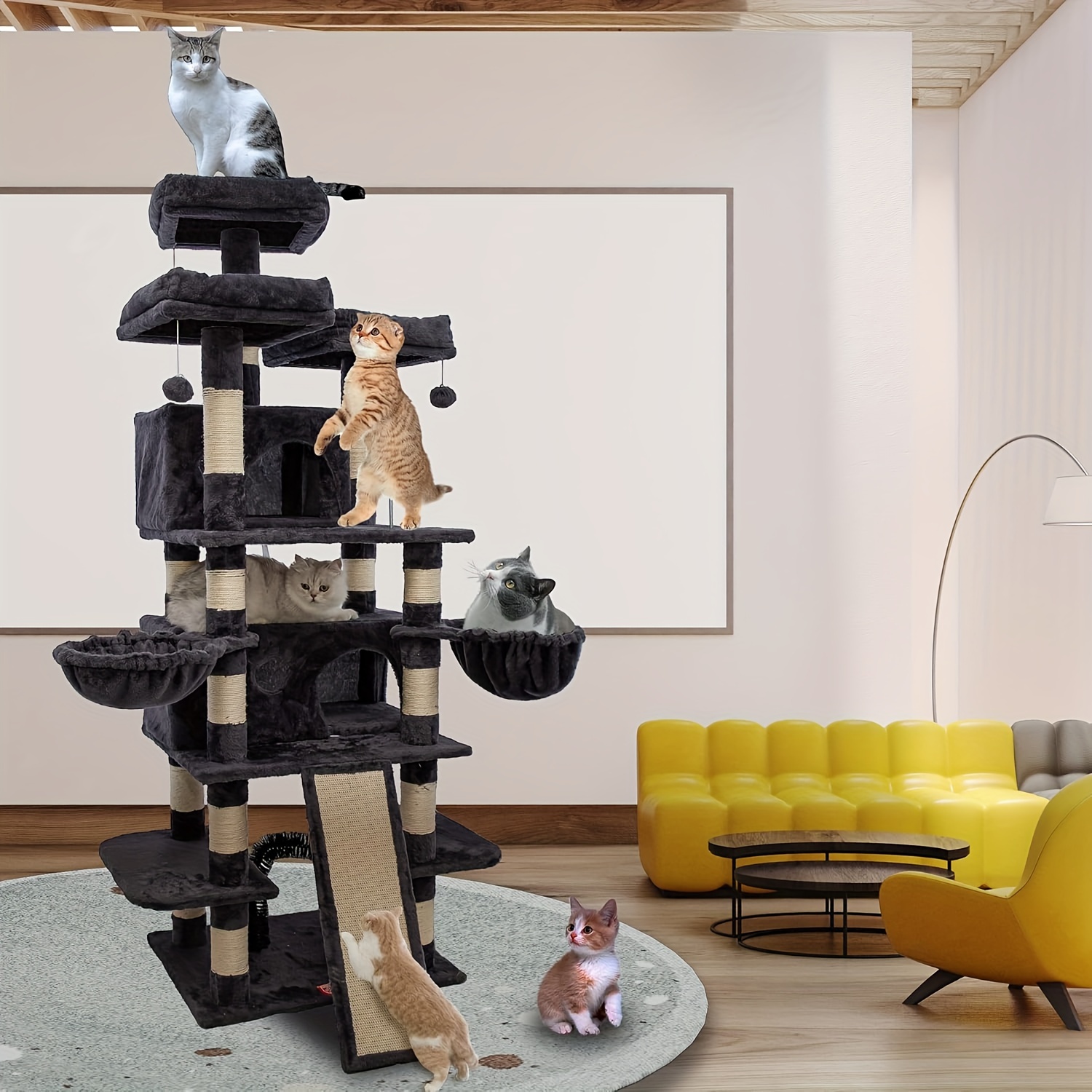 

68 Inches -level Cat Tree, Tall Multi-cats Tower With 2 Condo &cat Hair Brush, Large Cat Tree With 3 Plush & Scratching Posts For Kittens ( Grey)