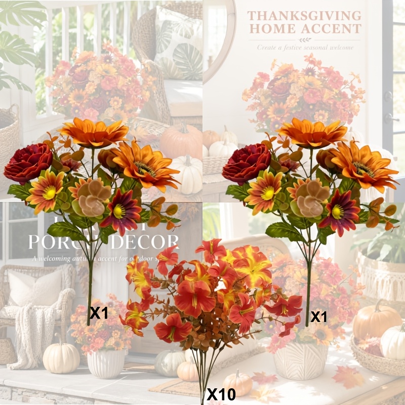 TEMU 12pcs Autumn Warm- Mixed Artificial Flower Bouquet, Featuring Sunflowers, Burgundy Roses, Peonies, Red-orange Daisies, And Small Flowers,