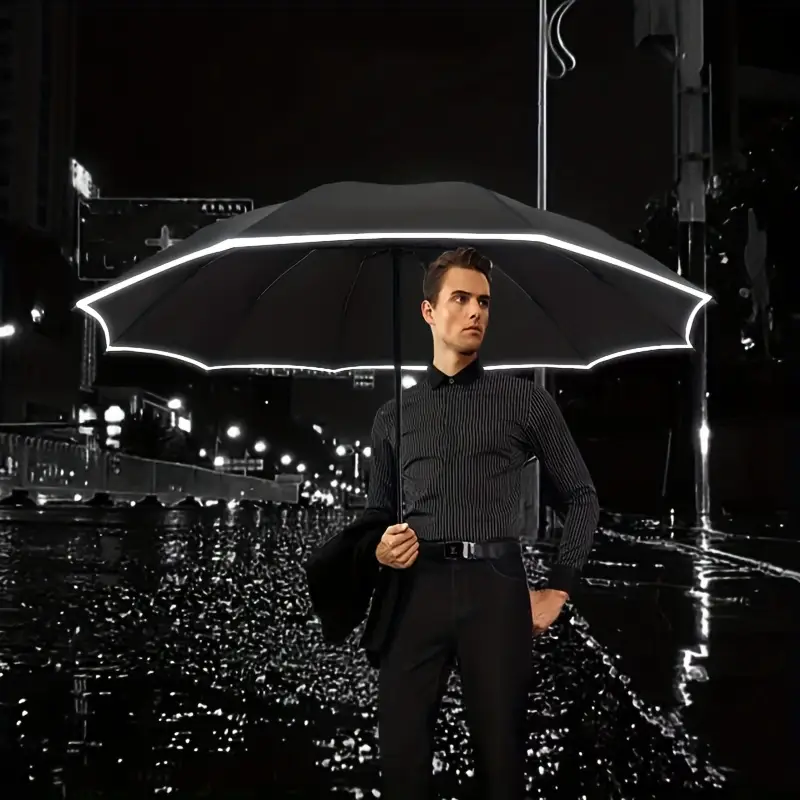 simple and stylish 1pc fully automatic enlarged womens folding umbrella windproof sunscreen uv protection 10 rib structure single color reverse opening and closing reflective strip design suitable for daily travel heavy duty windproof umbrella suitable for all weather details 1