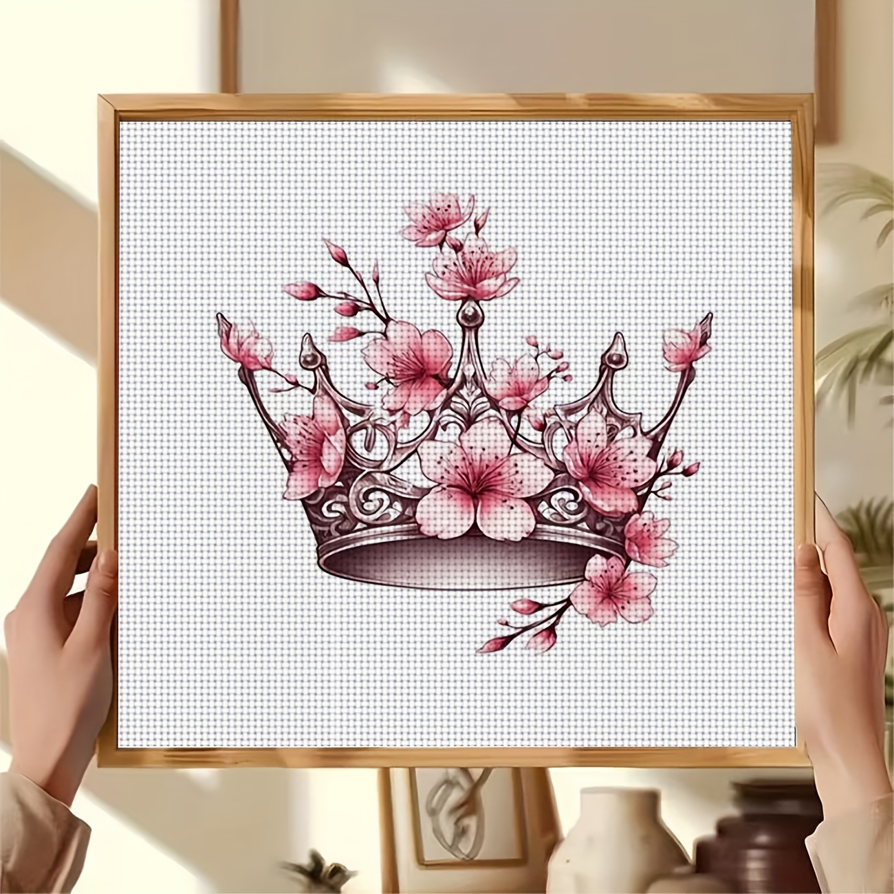 Printed DIY Cross Stitch Kit, "Pink Flowers with Crown" Pattern for Beginners
