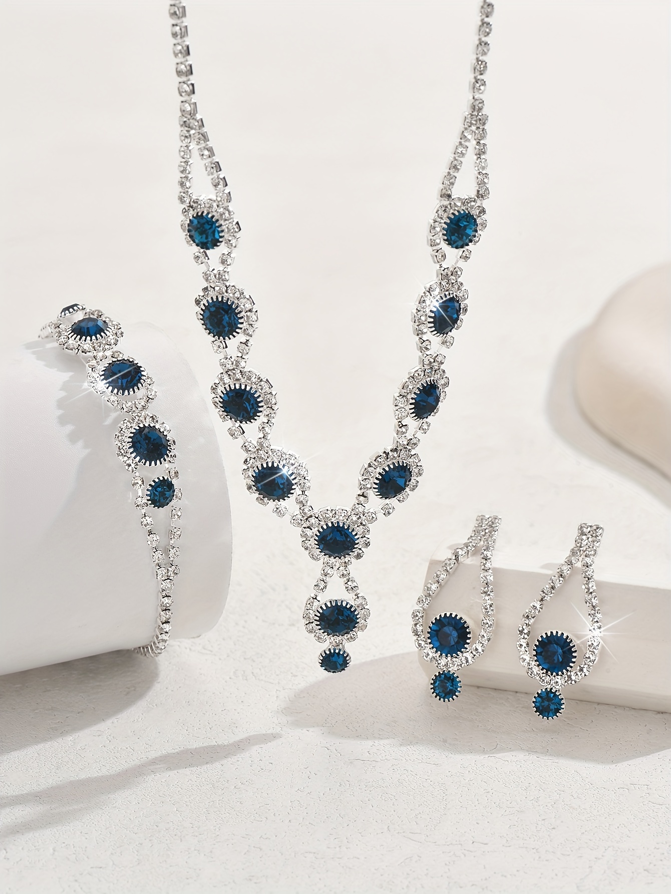 elegant silver plated copper jewelry set with blue and black rhinestones stylish necklace earrings and bracelet combo for parties weddings   chic gift ideal for thanksgiving details 3