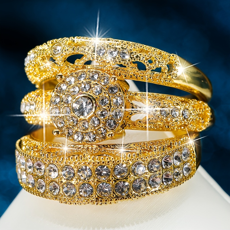 TEMU 3pcs Set: A Gorgeous Ladies' Engagement Ring Set, Luxuriously Plated With 14k Golden And With Sparkling Synthetic Synthetic Zirconia. A Party