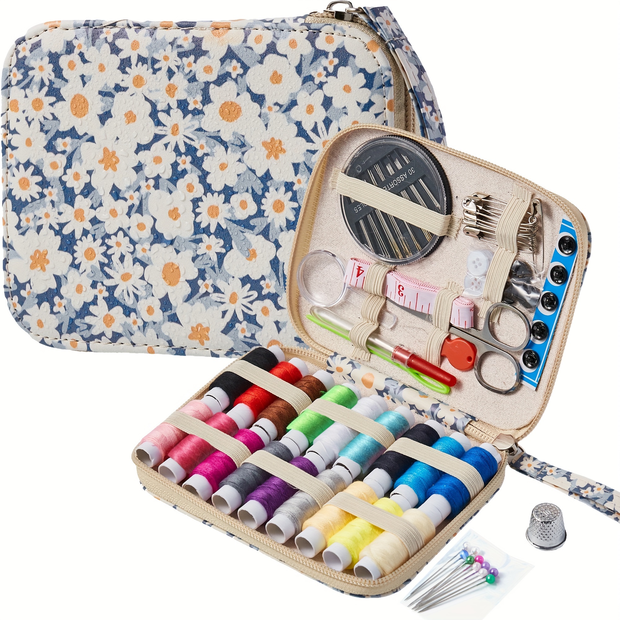 Image of 87pcs Daisy Sewing Kit Gifts For Grandma, Mom, Friend, Adults Beginner Traveler, Portable Sewing Supplies Accessories With Case Contains Thread, Needle, Scissors, Measure Tape, Thimble Etc