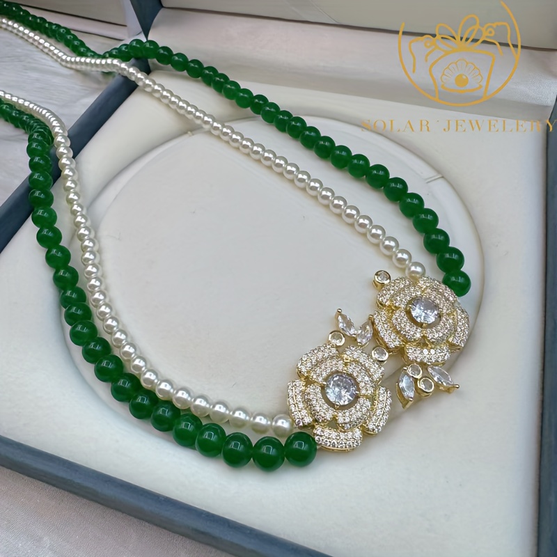 Women's Vintage-Style Green & White Double-Layered Necklace