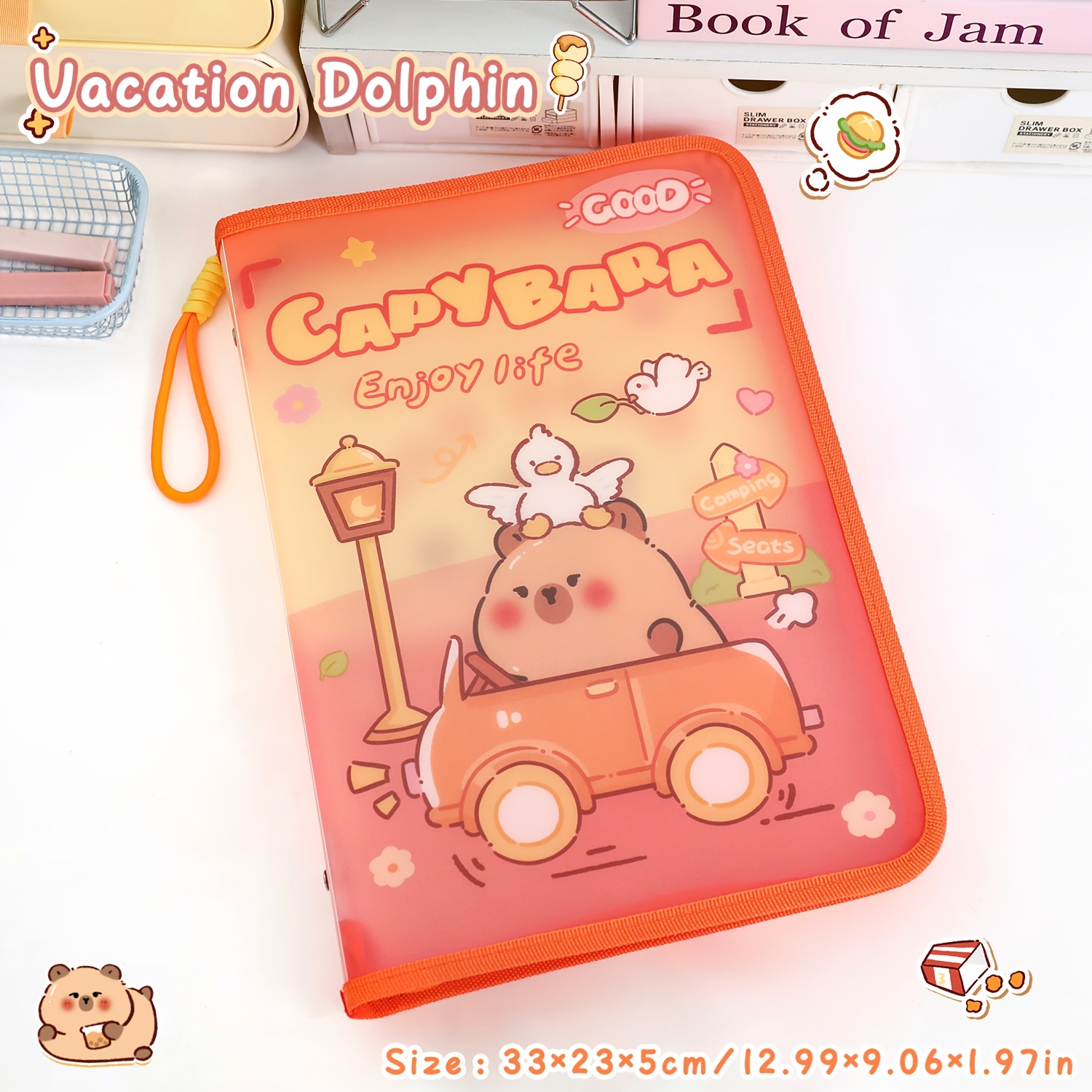 TEMU Classeur à Fermeture Éclair Style Dessin Animé, Sac à Documents Portatif Grande Capacité A4, Thèmes Capybara, Pomme, , , Matériau avec Fermeture