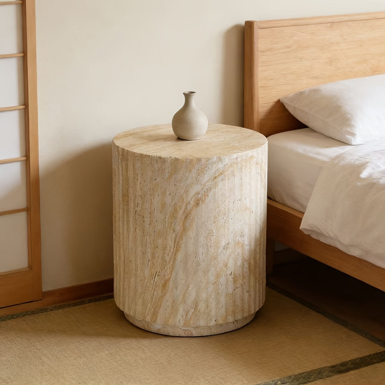 1pc Light Luxury Faux Cave Stone Side Table with a Cylindrical Vertical Stripe Design, Suitable for Living Room Sofa Side Or As a Small Bedside Table in The Bedroom
