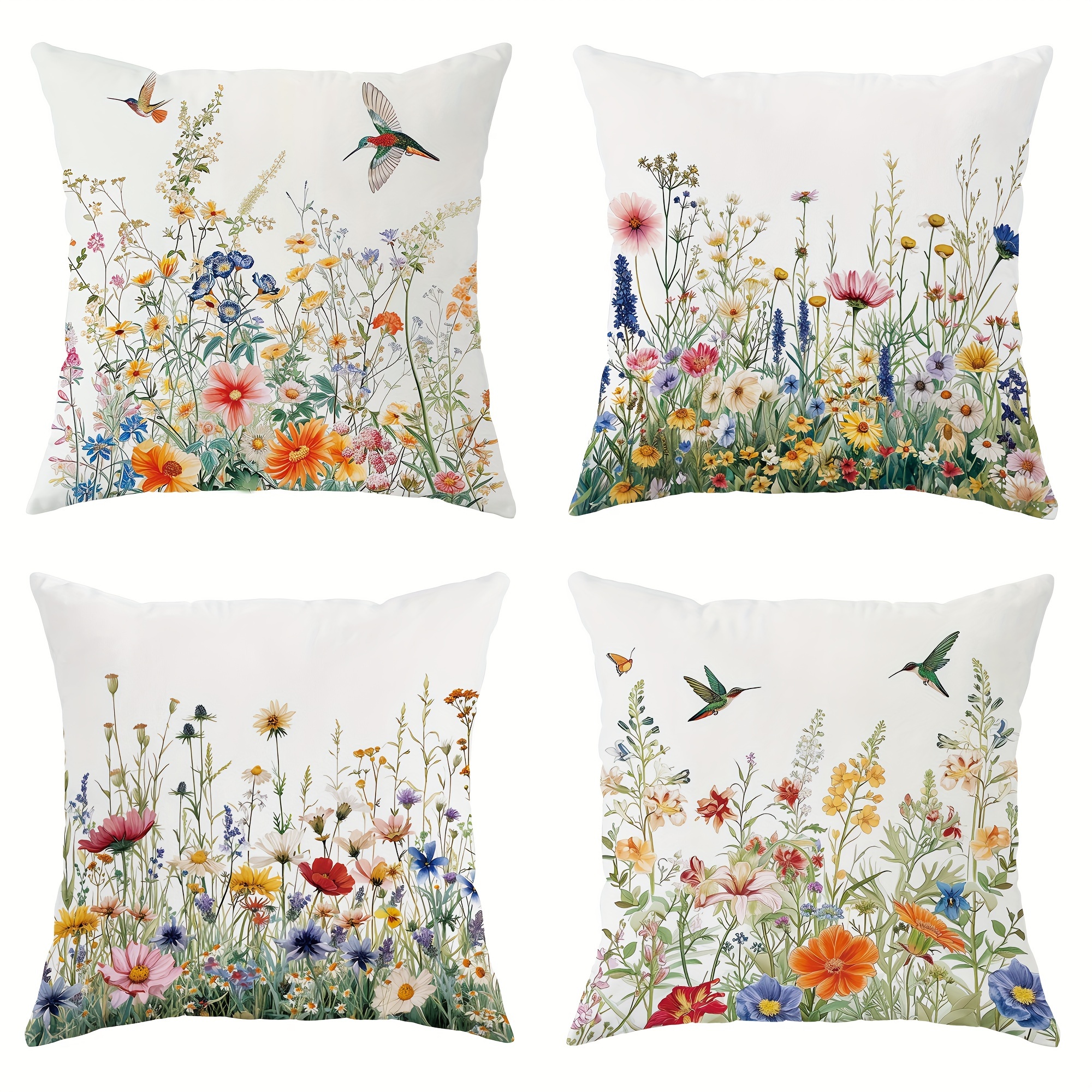 

4pcs Velvet Throw Pillow Covers, Country Rustic Floral Hummingbird White Decorative Pillow Covers, 18in*18in, For Living Room Bedroom Sofa Bed Decoration, Without Pillow Inserts