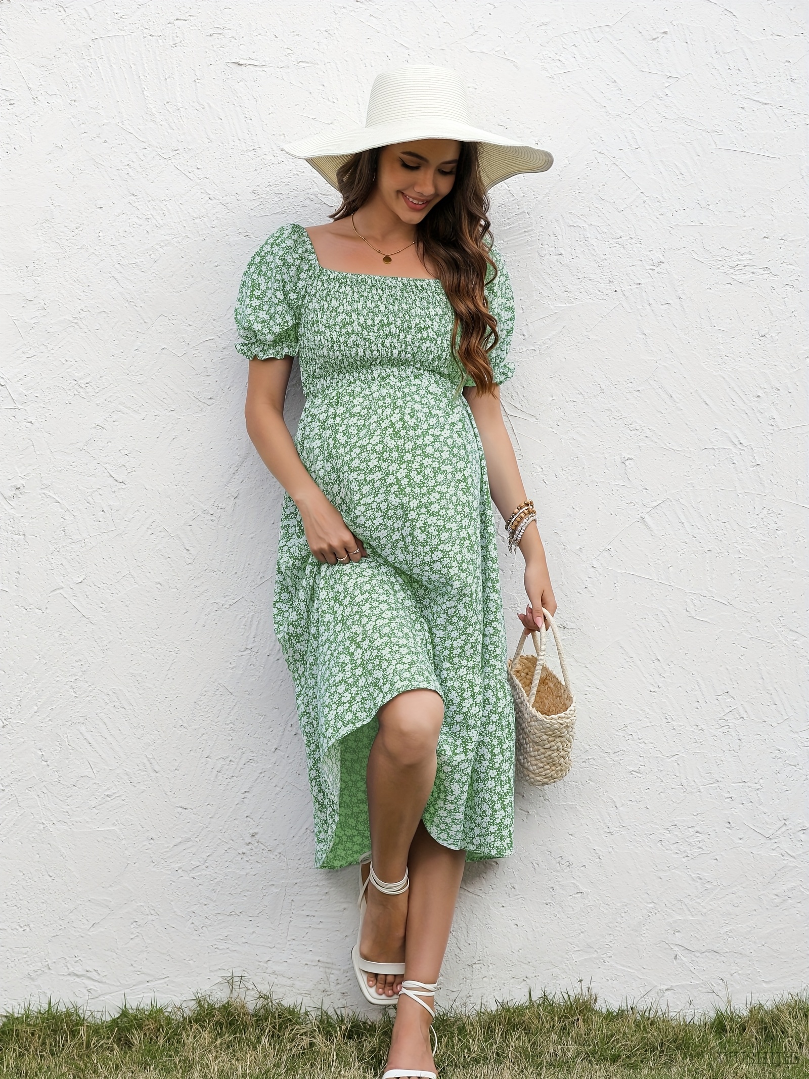 chic summer maternity dress square neckline puff sleeves - Temu