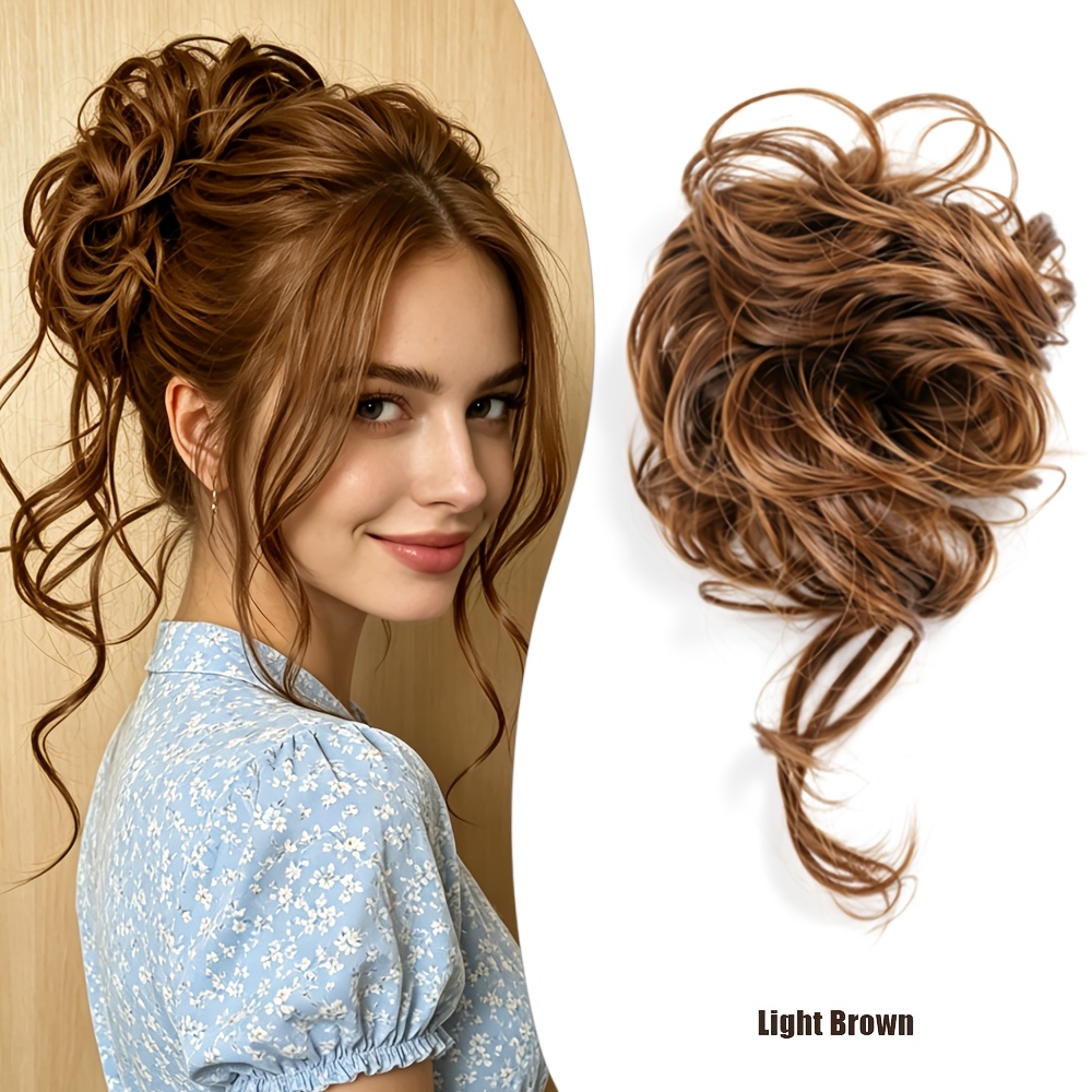 TEMU Klemclip voor slordige knot van 10 inch, pluizige golvende krullende synthetische haarextensies voor een knot met losse, ongekamde , natuurlijke