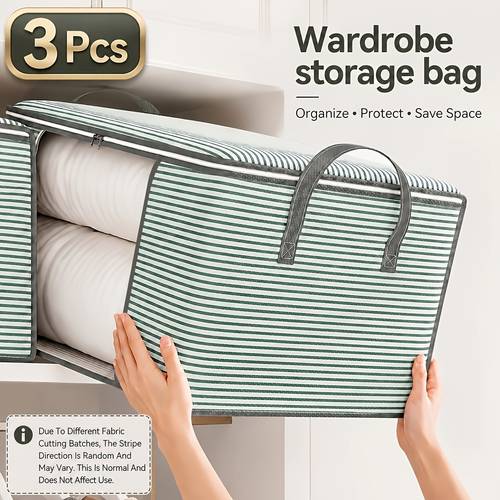 Artikelbild 3er-set extra große aufbewahrungstasche für quilts und kleidung, verbesserter gestreifter schrank-organizer mit klarem fenster und stabilen griffen, robuster staubdichter unterbett-bettwäschebehälter für , platzsparende faltbare aufbewahrungsbox, unterbett-aufbewahrung