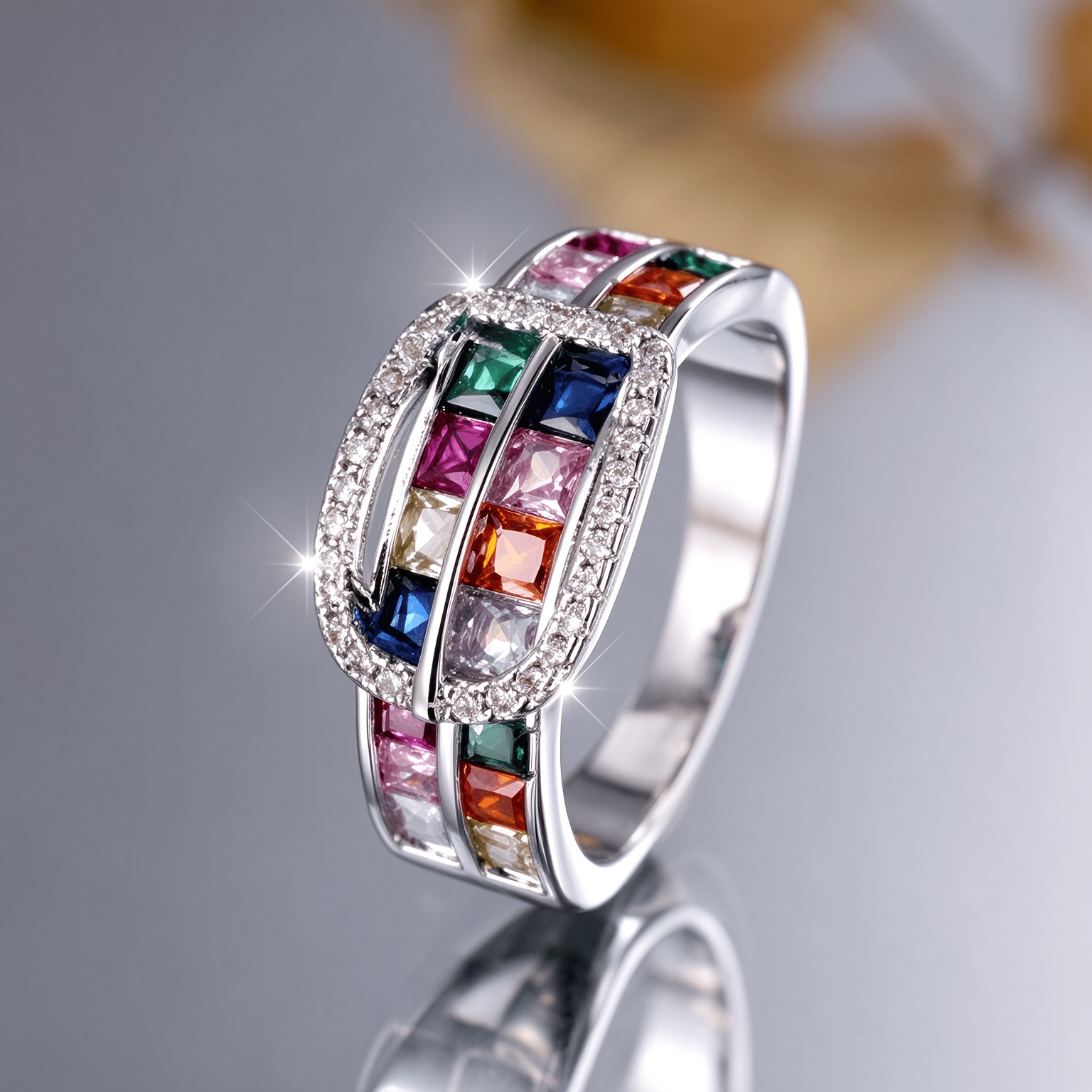 Women's Exquisite Rectangular Colored Wedding Ring, Multi-Color Zirconia