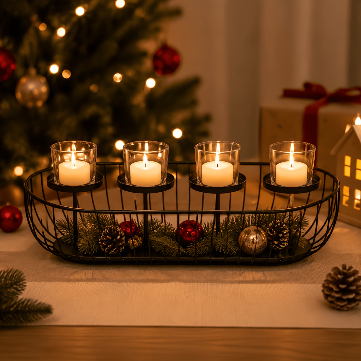 TEMU Oval Grid Cast Iron Four-pillar Candlestick Tray, Matte Black Long Golden Candlestick, Christmas Candlestick, Hollow Grid Dining Table