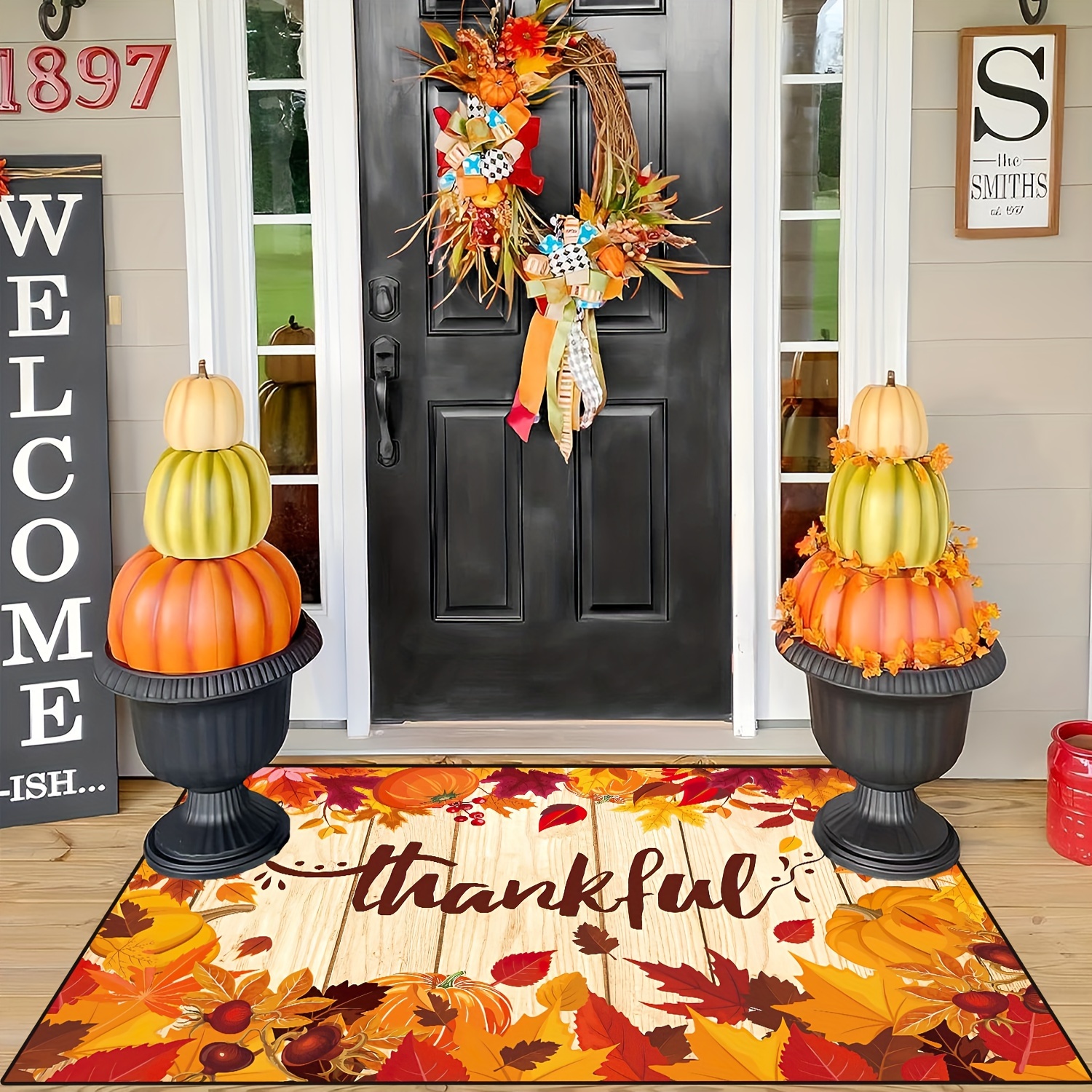 

Thanksgiving Autumn Theme Outdoor Mat - 1pc, Polyester Non-slip Machine-washable Door Rug For Indoor/outdoor Use, Bedroom, Hallway, Patio - Decorative Pumpkin Maple Leaves Design