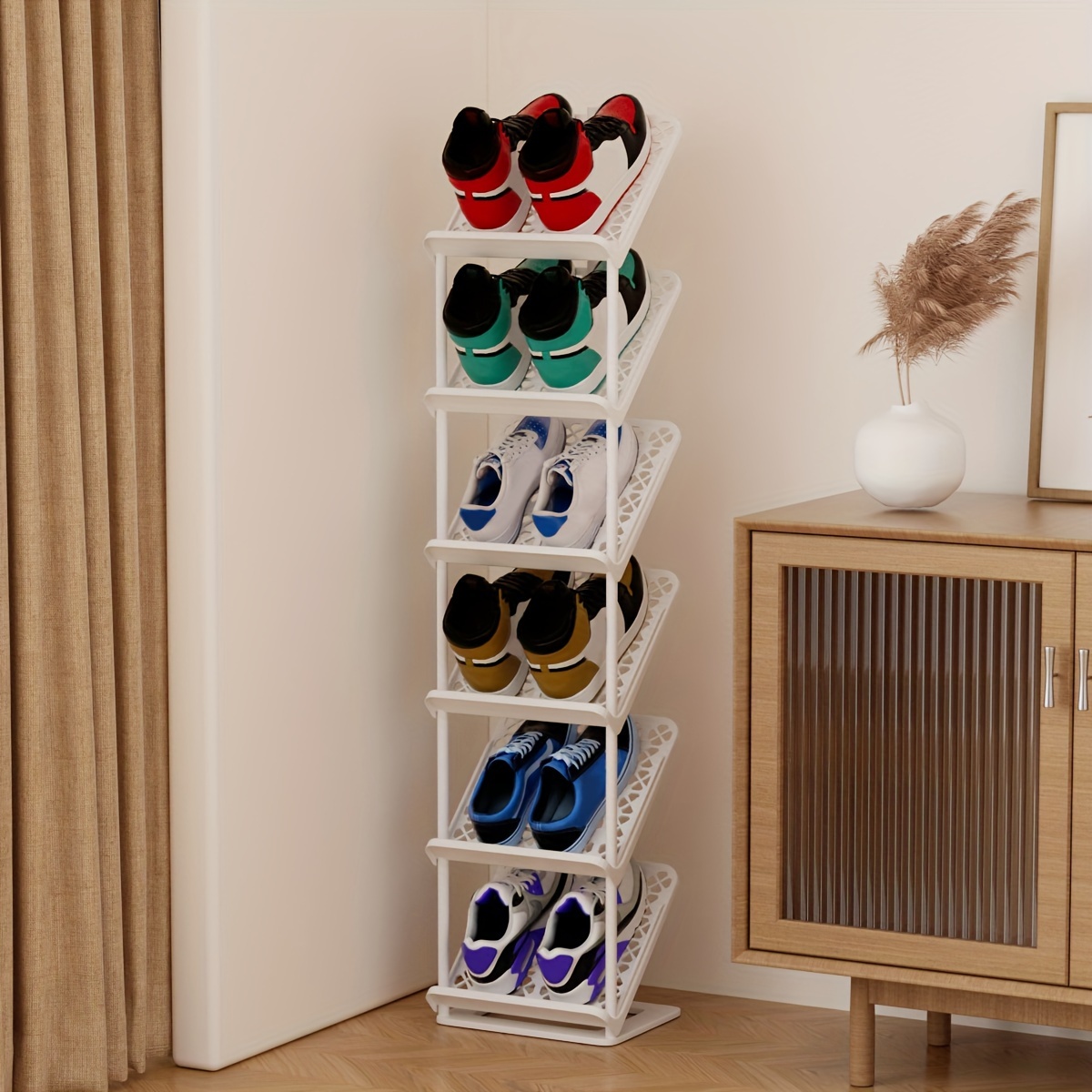 

6-tier Stackable Shoe Rack, Space-saving Design For Bedroom Entryway, Plastic With Metal , Display Shelf, Shoe Storage Organizer