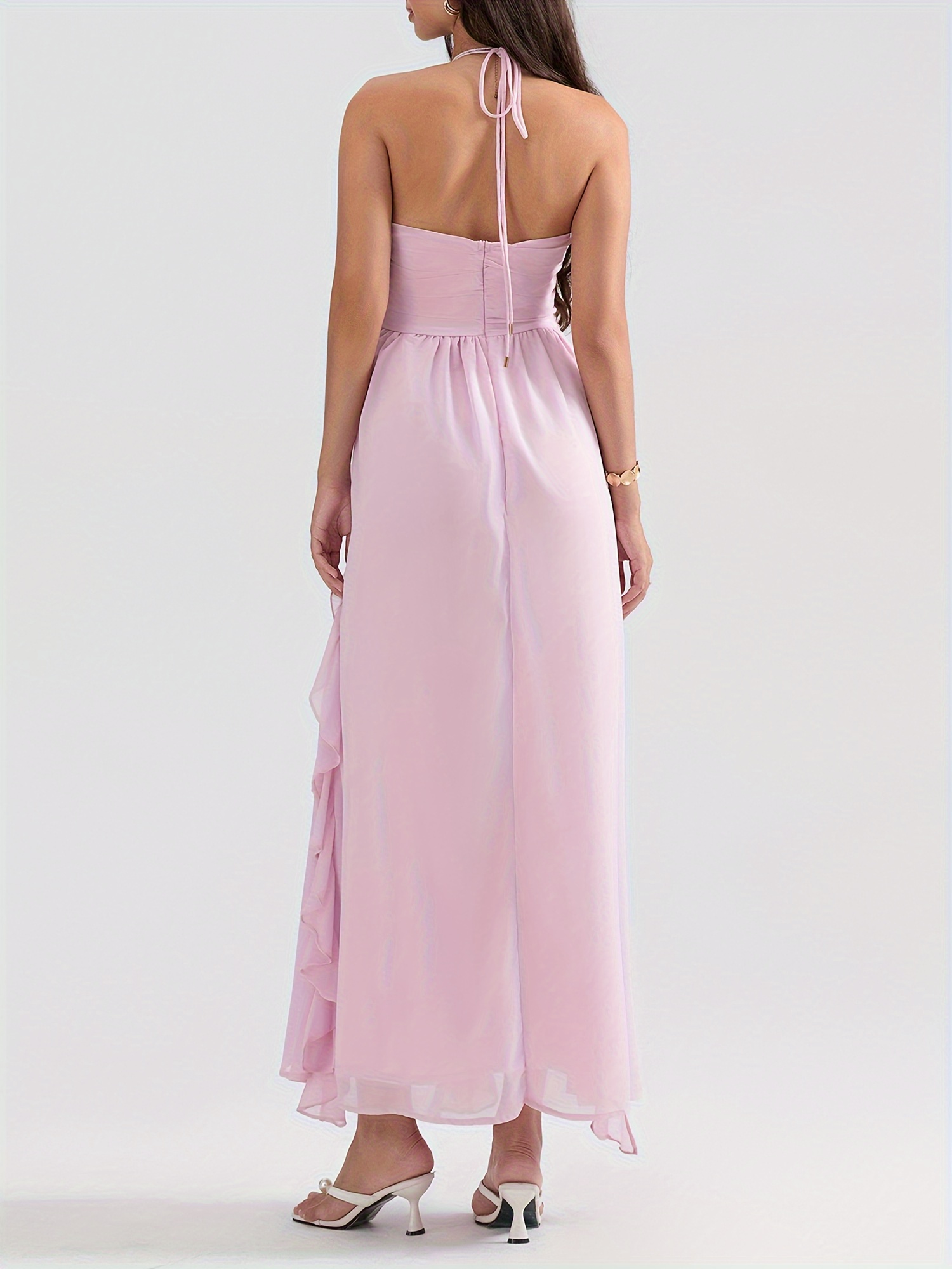 white christmas dresses Designer Long Pink Halter Chiffon A-Line Sleeveless Prom Dress with Slit main image 0