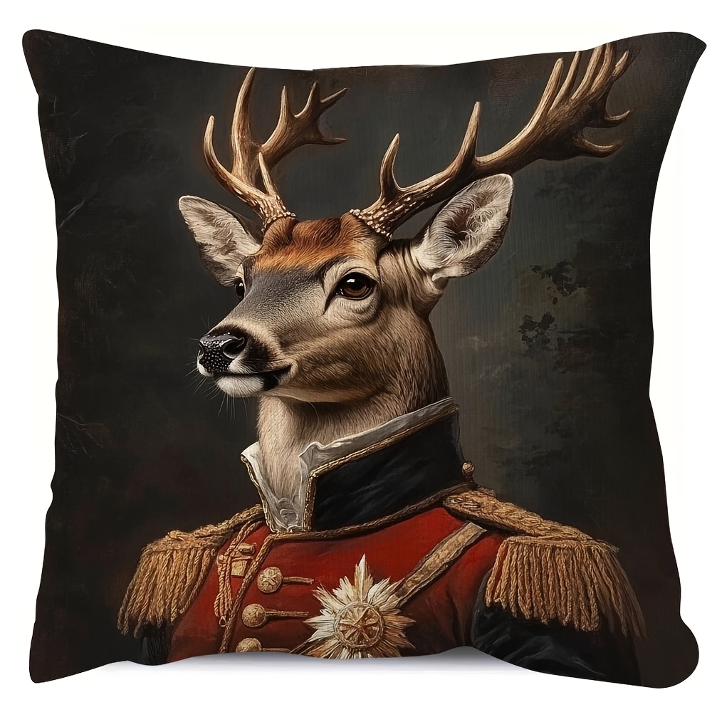 TEMU 1pc Vintage Deer In Military Uniform Throw Pillow Cover, 18x18 Inch, Double-sided Portrait Design, Soft & Durable Polyester, Zipper Closure,