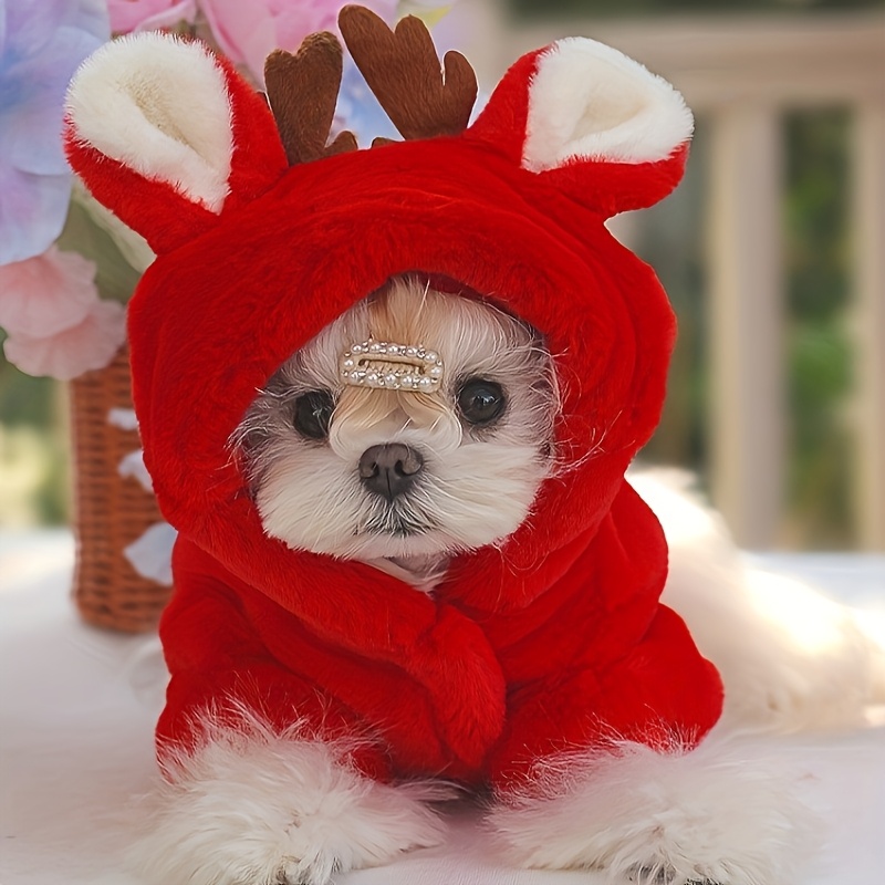 Cozy Red Christmas Dog Coat for Small Puppies - Plush Winter Outfit with Antlers & Bells, Perfect for Holiday Parties & Festive Events, Cute Puppy Clothes