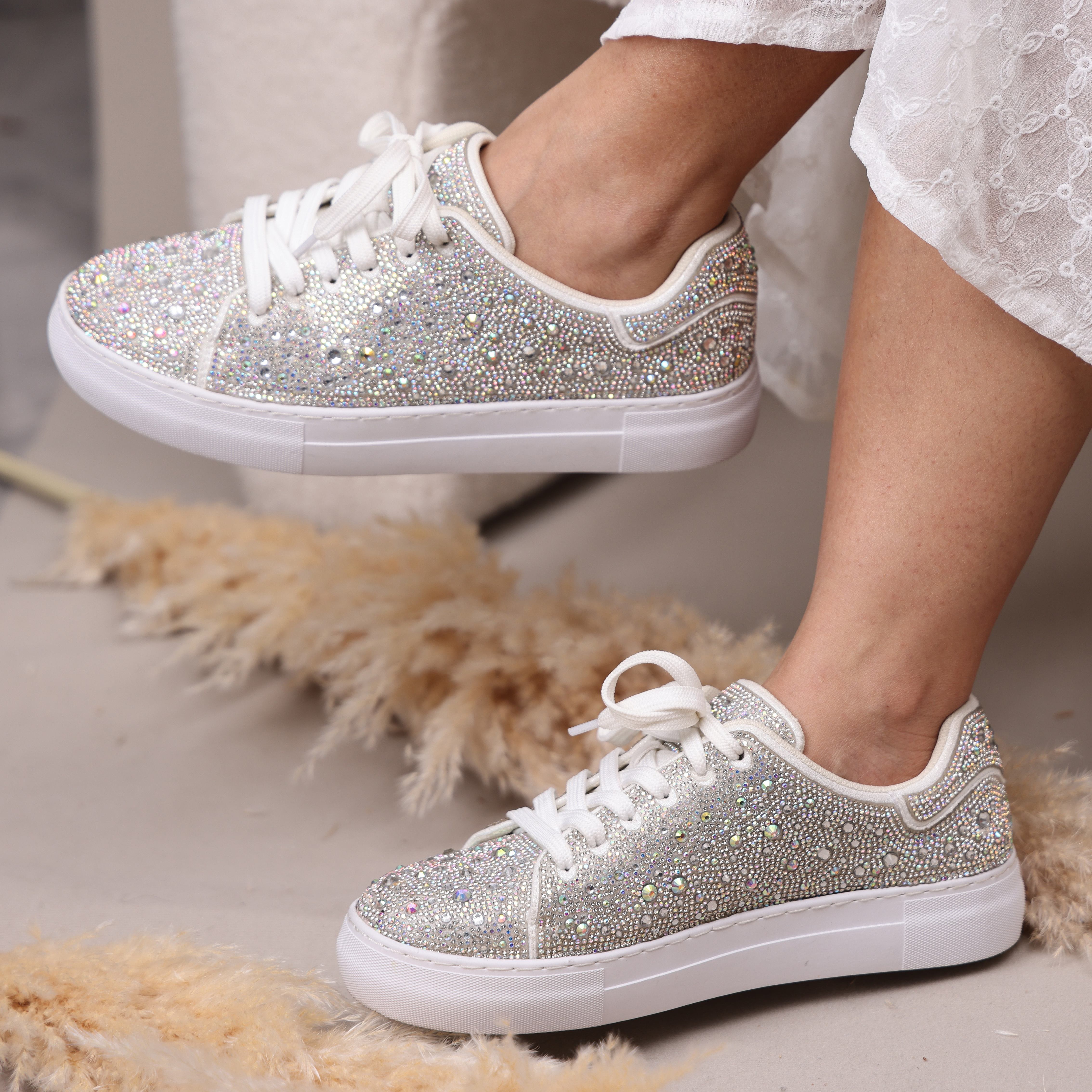 

Women's Rhinestone- Sneakers: Glittery Sparkle Tennis Shoes With Platform Sole - Silvery Bling, Sequin-decorated, Ideal For Wedding Parties, Bridal Wear