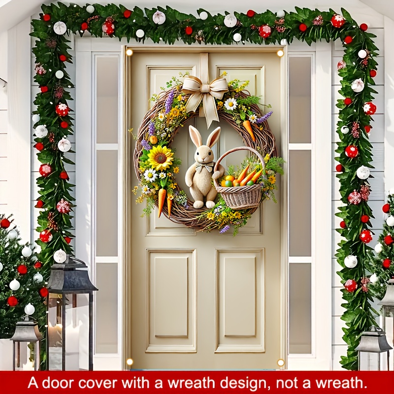 

2d Door Banner, Easter Bunny Wreath With Flowers & Basket - Polyester, Easy-hang Door Decor For Outdoor Parties & Garden, 35.43" X 70.86, Hego