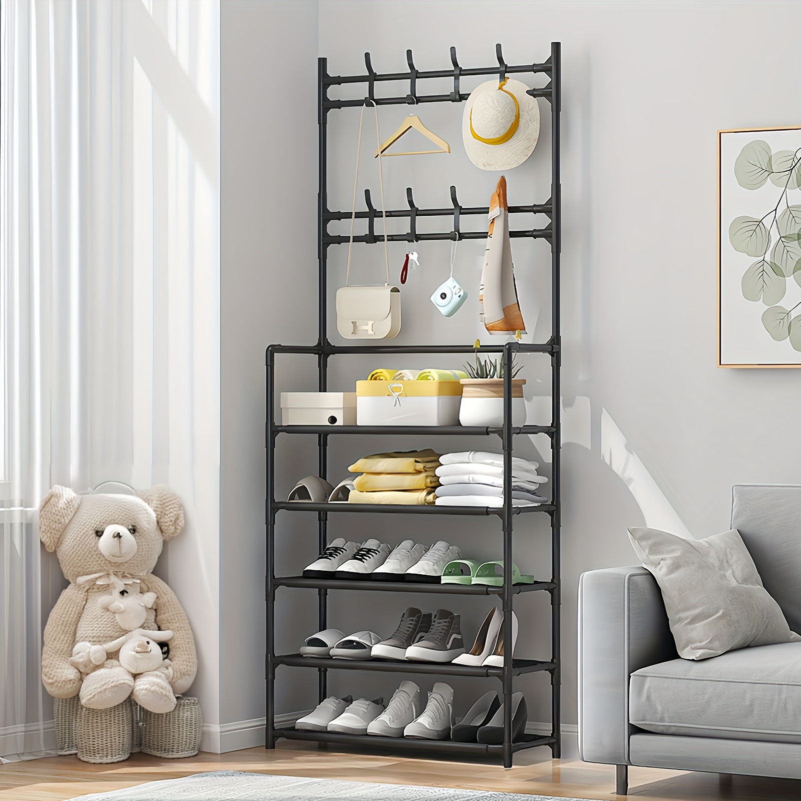 TEMU Coat Rack, 5 Tier Coat And Shoe Rack For Front Door Entrance, Shoe Rack Organizer And Coat Rack With 8 Hooks, Hall Tree For Shoes, Clothes, Hats, Bags, Umbrellas