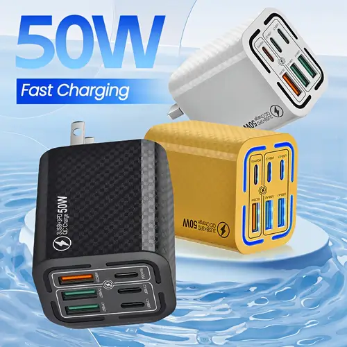 6 port 50w pd usb type c wall charger for iphone 16 15 14 11 pro max xr xs ipad samsung ultras24 ultra s23 ultra s22 fast portable travel charger